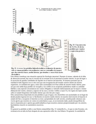 Este último constituye una situación especial de fisiología intestinal. Durante el mismo, además de la falta 
de absorción normal, hay una in versión de la corriente de la lt intestinal al medio interno, lo que da lugar a 
la secreción de grandes cantidades de líquidos en el interior del intestino. Si tenemos presente que en 
realidad el tubo digestivo no es otra cosa que una invaginación del mundo exterior dentro de nuestro 
organismo, en realidad este agua y estas sales acumuladas en él han salido de nuestro medio interno, pero 
sin que esta salida haya podido ser recogida y sea visible en un recipiente pudiéndose medir su cantidad. 
Debido a esta especial circunstancia nos vemos obligados a valorarla indirectamente por la mayor o menor 
dilatación del vientre, número y aspecto de las asas y niveles visibles a rayos X y los signos de reper cusión 
sobre el estado bioquímico del medio interno que este íleo pro voque. 
Otra característica importante de esta pérdida es que el agua y los electrólitos son acumulados en un lugar de 
donde pueden ingresar de nue vo fácilmente en nuestro medio interno sin nuestra intervención al mejorar el 
estado del íleo y recuperar el intestino su tono y propiedades de reab sorción, constituyendo entonces una 
vía de aporte que nosotros no vemos ni controlamos y que, en un momento dado, puede desequilibrar de 
nuevo al paciente por n aporte que podrá añadirse al que nosotros estemos proporcionando por vía exterior, 
haciéndonos incurrir en suministros excesivos. 
Bilis 
En general su pérdida se debe a una fístula cutaneobiliar (fig. 12 ventanilla 6), ¿. lo que es más frcuente, a la 
existencia de un tubo de Kerr después de una operación sobre las vías biliares. En general. la cantidad de 
 