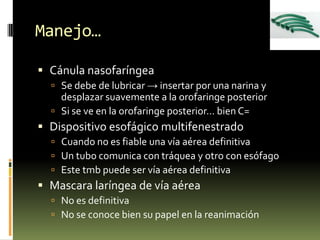 Manejo…Cánula nasofaríngeaSe debe de lubricar ->insertar por una narina y desplazar suavemente a la orofaringe posteriorSi se ve en la orofaringe posterior… bien C=Dispositivo esofágico multifenestradoCuando no es fiable una vía aérea definitiva Un tubo comunica con tráquea y otro con esófagoEste tmb puede ser vía aérea definitivaMascara laríngea de vía aéreaNo es definitivaNo se conoce bien su papel en la reanimación