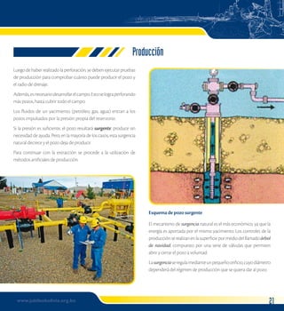 Producción 
Esquema de pozo surgente 
Luego de haber realizado la perforación, se deben ejecutar pruebas 
de producción para comprobar cuánto puede producir el pozo y 
el radio de drenaje. 
Además, es necesario desarrollar el campo. Esto se logra perforando 
más pozos, hasta cubrir todo el campo. 
Los fluidos de un yacimiento (petróleo, gas, agua) entran a los 
pozos impulsados por la presión propia del reservorio. 
Si la presión es suficiente, el pozo resultará surgente: produce sin 
necesidad de ayuda. Pero, en la mayoría de los casos, esta surgencia 
natural decrece y el pozo deja de producir. 
Para continuar con la extracción se procede a la utilización de 
métodos artificiales de producción. 
El mecanismo de surgencia natural es el más económico, ya que la 
energía es aportada por el mismo yacimiento. Los controles de la 
producción se realizan en la superficie por medio del llamado árbol 
de navidad, compuesto por una serie de válvulas que permiten 
abrir y cerrar el pozo a voluntad. 
La surgencia se regula mediante un pequeño orificio, cuyo diámetro 
dependerá del régimen de producción que se quiera dar al pozo. 
www.jubileobolivia.org.bo 21 
 
