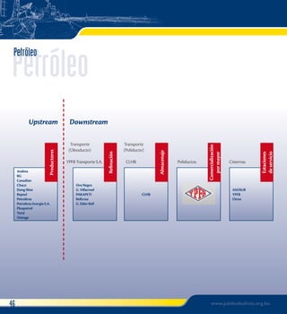 Andina 
BG 
Canadian 
Chaco 
Dong Won 
Repsol 
Petrobras 
Petrobras Energía S.A. 
Pluspetrol 
Total 
Vintage 
Downstream 
Oro Negro 
G. Villarroel 
PARAPETI 
Reficruz 
G. Elder Bell 
CLHB 
ASOSUR 
YPFB 
Otros 
Petróleo 
Productores 
Refinación 
Almacenaje 
Upstream 
Transporte 
(Oleoducto) 
Comercialización 
por mayor 
Estaciones 
de servicio 
Transporte 
(Poliducto) 
YPFB Transporte S.A. CLHB Poliductos Cisternas 
46 www.jubileobolivia.org.bo 
 
