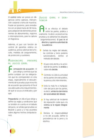 14
Manual Básico Sistema Penal Acusatorio
El controlcontrol debe ser previo en dili-
gencias como capturas, interven-
ción corporal o toma de muestras.
Puede ser posterior, pero inmedia-
to o en un plazo hasta de 36 horas,
para adopción de elementos prove-
nientes de allanamientos, registros
o interceptaciones, para la captura
en flagrancia.
Además, el juez con función de
control de garantías ordena en
audiencia, previa solicitud de la fis-
calía, medidas de aseguramiento,
de protección y cautelares.
AUDIENCIAS PREVIAS
AL JUICIO ORAL
Formulación de acusación:ormulación de acusación: El
juez dirige y controla que las
partes cumplan con las obligacio-
nes que les corresponden en esta
etapa, especialmente el descubri-
miento de la prueba y que el escrito
de acusación que presenta el fiscal
sea adecuado a los requerimientos:
de qué se acusa al sindicado y por
qué.
Preparatoria:Preparatoria: en ella el juez dirige y
define las reglas y condiciones que
se tendrán en cuenta en el debate
del juicio, se señala qué pruebas se
llevarán a juicio y si hay acuerdos
sobre algunos hechos (estipulacio-
nes).
JUICIO ORAL Y SEN-
TENCIA
Allí se efectúa el debate
entre las partes, pública y
oralmente. Es decir, se practican las
pruebas y se adelantan los alegatos
(argumentaciones). El juez es elEl juez es el
director y suprema autoridad dedirector y suprema autoridad de
la audiencia:la audiencia:
Señala las reglas del debate,
las controla y tiene poderes
sancionadores. Define el
método del debate.
El juez está atento a la activi-
dad de las partes, la analizaanaliza y
sobre ella decide.decide.
Controla no sólo la actividad
de las partes sino del público,
la prensa y los intervinientes.
Evita la mala fe o manipula-
ción del juicio por las partes,
es decir, señala los derroterosseñala los derroteros
de racionalidad del debate.de racionalidad del debate.
Si hay solicitud de incidente
de reparación cuida que a la
víctima se le repare integral-víctima se le repare integral-
mente.mente.
Declara la responsabilidad
o no del acusado, define la
procedencia de la pena y la
dosifica.
 