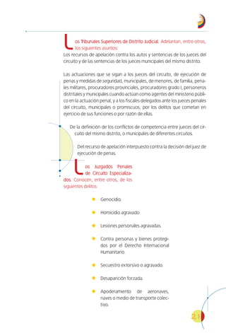 21
Los Tribunales Superiores de Distrito Judicial.os Tribunales Superiores de Distrito Judicial. Adelantan, entre otros,
los siguientes asuntos:
Los recursos de apelación contra los autos y sentencias de los jueces del
circuito y de las sentencias de los jueces municipales del mismo distrito.
Las actuaciones que se sigan a los jueces del circuito, de ejecución de
penas y medidas de seguridad, municipales, de menores, de familia, pena-
les militares, procuradores provinciales, procuradores grado I, personeros
distritales y municipales cuando actúan como agentes del ministerio públi-
co en la actuación penal, y a los fiscales delegados ante los jueces penales
del circuito, municipales o promiscuos, por los delitos que cometan en
ejercicio de sus funciones o por razón de ellas.
De la definición de los conflictos de competencia entre jueces del cir-
cuito del mismo distrito, o municipales de diferentes circuitos.
Del recurso de apelación interpuesto contra la decisión del juez de
ejecución de penas.
Los Juzgados Penalesos Juzgados Penales
de Circuito Especializa-de Circuito Especializa-
dos.dos. Conocen, entre otros, de los
siguientes delitos:
Genocidio.
Homicidio agravado
Lesiones personales agravadas.
Contra personas y bienes protegi-
dos por el Derecho Internacional
Humanitario.
Secuestro extorsivo o agravado.
Desaparición forzada.
Apoderamiento de aeronaves,
naves o medio de transporte colec-
tivo.
 