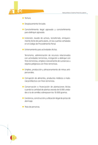 22
Manual Básico Sistema Penal Acusatorio
Tortura.
Desplazamiento forzado.
Constreñimiento ilegal agravado y constreñimiento
para delinquir agravado.
Extorsión, lavado de activos, testaferrato, enriqueci-
miento ilícito de particulares, en las cuantías señaladas
en el Código de Procedimiento Penal.
Entrenamiento para actividades ilícitas.
Terrorismo, administración de recursos relacionados
con actividades terroristas, instigación a delinquir con
fines terroristas, empleo o lanzamiento de sustancias u
objetos peligrosos con fines terroristas.
Empleo, producción y almacenamiento de minas anti-
personales.
Corrupción de alimentos, productos médicos o mate-
rial profiláctico con fines terroristas.
Conservación o financiación de plantaciones ilícitas
cuando la cantidad de plantas exceda de 8.000 unida-
des o la de semillas sobrepasen los 10.000 gramos.
Existencia, construcción y utilización ilegal de pistas de
aterrizaje.
Trata de personas.
 