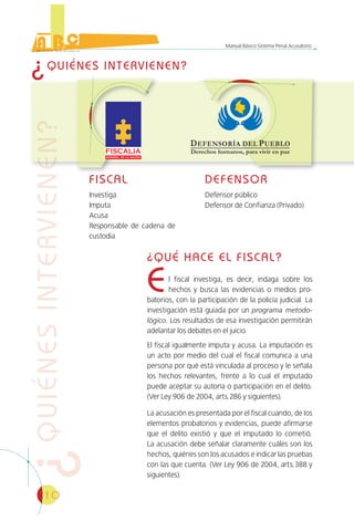 10
Manual Básico Sistema Penal Acusatorio
¿QUÉ HACE EL FISCAL?
El fiscal investiga, es decir, indaga sobre los
hechos y busca las evidencias o medios pro-
batorios, con la participación de la policía judicial. La
investigación está guiada por un programa metodo-
lógico. Los resultados de esa investigación permitirán
adelantar los debates en el juicio.
El fiscal igualmente imputa y acusa. La imputación es
un acto por medio del cual el fiscal comunica a una
persona por qué está vinculada al proceso y le señala
los hechos relevantes, frente a lo cual el imputado
puede aceptar su autoría o participación en el delito.
(Ver Ley 906 de 2004, arts.286 y siguientes).
La acusación es presentada por el fiscal cuando, de los
elementos probatorios y evidencias, puede afirmarse
que el delito existió y que el imputado lo cometió.
La acusación debe señalar claramente cuáles son los
hechos, quiénes son los acusados e indicar las pruebas
con las que cuenta. (Ver Ley 906 de 2004, arts.388 y
siguientes).
¿QUIÉNES INTERVIENEN?
DEFENSOR
Defensor público
Defensor de Confianza (Privado)
Investiga
Imputa
Acusa
Responsable de cadena de
custodia
FISCAL
 