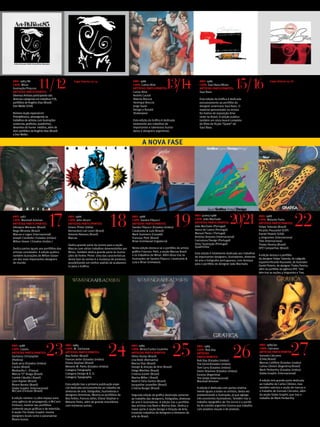 ANO: 1985/86
CAPA: Miran
Ilustração/Pojucan    11/12
ARTISTAS PARTICIPANTES:
                                                 Capa interna 13/14                            ANO: 1986
                                                                                               CAPA: Carlos Nine
                                                                                               ARTISTAS PARTICIPANTES:
                                                                                               Carlos Nine
                                                                                                                          13/14                      ANO: 1986
                                                                                                                                                     CAPA: Saul Bass/Miran
                                                                                                                                                     ARTISTAS PARTICIPANTES:
                                                                                                                                                     Saul Bass
                                                                                                                                                                                    15/16                      Capa interna 15/16



Diversos Artistas participando das                                                             Andrés Cacioli
diversas categorias em trabalhos P/B,                                                          Alberto Breccia                                       Esta edição da Gráfica é dedicada
portfólios de Rogério Dias (Brasil)                                                            Henrique Breccia                                      exclusivamente ao portfólio do
Don Weller (USA)                                                                               Jorge Sazol                                           designer americano Saul Bass. O
                                                                                               Design e Ronald                                       material apresentado na revista
Número duplo especial em                                                                       Shakespear                                            foi motivo de exposição itine-
Preto&Branco, abrangendo os                                                                                                                          rante no Brasil. A edição publica
trabalhos de artistas com ilustraçôes                                                          Esta edição da Gráfica é dedicada                     também um story-board completo
comercias, grafismo, quadrinhos,                                                               totalmente aos trabalhos de                           do filme de ficção “Quest” de
desenhos de humor inéditos, além de                                                            importantes e talentosos ilustra-                     Saul Bass.
dois portfólios de Rogério Dias (Brasil)                                                       dores e designers argentinos.
e Don Weller.


                                                                                                      A NOVA FASE




                              17                                               18                                                 19                                          20/21                                                  22
ANO: 1987                                    ANO: 1988                                        ANO: 1988                                           ANO: junho/1988                                     ANO: 1988
CAPA: Marshall Arisman                       CAPA: John Alcorn                                CAPA: Sandra Filipucci                              CAPA: João Machado                                  CAPA: Melanie Parks
ARTISTAS PARTICIPANTES:                      ARTISTAS PARTICIPANTES:                          ARTISTAS PARTICIPANTES:                             ARTISTAS PARTICIPANTES:                             ARTISTAS PARTICIPANTES:
Ubirajara Menezes (Brasil)                   Ferenc Pinter (Itália)                           Sandra Filipucci (Estados Unidos)                   João Machado (Portugal)                             Felipe Taborda (Brasil)
Nego Miranda (Brasil)                        Bernardoni Lair Leoni (Brasil)                   Cavalcante & Lula (Brasil)                          Vasco de Castro (Portugal)                          Ricardo Pousselot (ESP)
Marcas e Logos (Internacional)               Antonio Nássara (Brasil)                         Mark Summers (Canadá)                               Manuel Peres ( Portugal)                            Daniel Pelavin (USA)
Joseph Ciardiello ( Estados Unidos)          Marcas                                           Francesc Petit (Brasil)                             António Antunes (Internacional)                     4 Imigrantes (Internaciona)
Milton Glaser ( Estados Unidos )                                                              Brian Grimiwood (Inglaterra)                        Caricatura/Design (Portugal)                        Tree (Internaciona)
                                             Dedica grande parte da revista para a seção                                                          Foto/ Ilustração (Portugal)                         Thales Pereira (Brasil)
                                                                                              Nesta edição destaca-se o portfólio do artista      Quadrinhos                                          DPZ Campanhas (Brasil)
Dedica partes iguais aos portfólios dos      Marcas com vários trabalhos desenvolvidos por
artistas convidados. A edição publica        Miran. Também dedica grande parte às ilustra-    gráfico Francesc Petit, a seção Marcas Brasil
                                                                                                                                                  Esta edição é totalmente dedicada aos trabalhos
também ilustrações de Milton Glaser          ções de Ferénc Pinter. Uma das características   e os trabalhos de Miran. Além disso traz as                                                             A edição destaca o portfólio
                                                                                                                                                  de importantes designers, ilustradores, diretores
um dos mais importantes designers            desta fase da revista é a mudança de produtor,   ilustrações de Sandra Filipucci, Cavalcante &                                                           do designer Felipe Taborda, do calígrafo
                                                                                                                                                  de arte e fotógrafos portugueses, com destque
do mundo.                                    possibiltando um melhor padrão de acabamen-      Lula e Brian Grimwood.                                                                                  espanhol Ricardo Rousselot, do ilustrador
                                                                                                                                                  para o portfólio do designer Joâo Machado.
                                             to para a Gráfica.                                                                                                                                       Daniel Pelavin, do designer Thales Pereira,
                                                                                                                                                                                                      além do portfólio da agência DPZ. Tam-
                                                                                                                                                                                                      bém traz as seções 4 Imigrantes e Tree.




ANO: 1988
CAPA: Caulos
ARTISTAS PARTICIPANTES:
Zacharon Christopher
(Polônia)
Dads Jerry (Estados Unidos)
                             23            ANO: 1989
                                           CAPA: M. Zacharow
                                           ARTISTAS PARTICIPANTES:
                                           Bea Feitler (Brasil)
                                           Frances Jetter (Estados Unidos)
                                           Eliane Stephan (Brasil)
                                                                               24             ANO: 1989
                                                                                              CAPA: Miran/Carlos Coutinho
                                                                                              ARTISTAS PARTICIPANTES:
                                                                                              Vilma Slomp (Brasil)
                                                                                              Lisa Beek (Alemanha)
                                                                                              Mariza Dias (Brasil)
                                                                                                                                  25               ANO: 1989
                                                                                                                                                   CAPA: Rob Day
                                                                                                                                                   ARTISTAS
                                                                                                                                                   PARTICIPANTES:
                                                                                                                                                   Rob Day (Estados Unidos)
                                                                                                                                                                                 26
                                                                                                                                                                                                      ANO: 1989/90
                                                                                                                                                                                                      CAPA: Cárcamo
                                                                                                                                                                                                      ARTISTAS PARTICIPANTES:
                                                                                                                                                                                                      Gonzalo Cárcamo
                                                                                                                                                                                                      (Chile/Brasil)
                                                                                                                                                                                                                                 27
                                                                                                                                                                                                      Marcas Califória (Estados Unidos)
                                                                                                                                                   Tim Girvin(Estados Unidos)
Caulos (Brasil)                            Melanie M. Parks (Estados Unidos)                  Design & direção de Arte (Brasil)                    Tom Cyrry (Estados Unidos)                         Carlos Clémen (Argentina/Brasil)
Mediavilla C. (França)                     Category Fotography                                Helga Miethke (Brasil)                               Davis Shannon (Estados Unidos)                     Mark Penberthy (Estados Unidos)
Márcia “Z” Braga (Brasil)                  Category Design & A. D.                            Cristina Ganen (Brasil)                              Escena (Argentina)                                 Globe Graphic (Internacional)
Cambé Cláudio ( Brasil)                    Category Typography                                Marina Willer ( Brasil)                              The Globe (Internacional)
Leon Kaplan (Brasil)                                                                          Beatriz Faria Santos (Brasil)                        Marshall Arisman                                   A edição tem grande parte dedicada
Álvaro Barata (Brasil)                     Esta edição traz a primeira publicação espe-       Jacqueline Leutwiller (Brasil)                                                                          ao trabalho de Carlos Clémen, mas
Globe Graphic (Internacional)              cial dedicada exclusivamente ao trabalho de        Cristina Burger (Brasil)                             A edição é dedicada com partes relativa-           também valoriza a seção de marcas e
McCann Erickson (Brasil)                   diretoras de arte, fotógrafas, ilustradoras e                                                           mente iguais a todos os artistas, desta vez        o trabalho de Gonzalo Cárcamo, além
                                           designers femininas. Mostra os portfólios de       Segunda edição da gráfica destinada somente          predominando a ilustração, já que agrega           da seção Globe Graphic que traz o
A edição número 23 abre espaço para
uma agência de propaganda, a McCann
                                           Bea Feitler, Frances Jetter, Eliane Stephan e
                                           Melanie Parks, além de grande miscelânea
                                                                                              ao trabalho das designers, fotógrafas, diretoras     três excelentes ilustradores. Também traz o
                                                                                                                                                   trabalho tipográfico de Tim Girvin e o portfó-
                                                                                                                                                                                                                11
                                                                                                                                                                                                      trabalho de Mark Penberthy.
                                                                                              de arte e ilustradoras. A edição traz o portfólio
Erickson, mostrar seu portfólios
                                                                                                                                                                                                                 ABCDesign




                                           com inúmeras outras.                               das artistas Lisa Beek e Marina Dias. Dedica a       lio do estúdio argentino Escena que trabalha
contendo peças gráficas e de televisão.                                                       maior parte à seção Design e Direção de Arte,        com projetos visuais e de produto.
A seção The Globe Graphic mostra                                                              trazendo trabalhos de designers e diretores de
designers locais como o paranaense                                                            arte do Brasil.
Àlvaro Gusso.
 