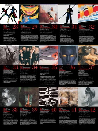 ANO:1990
CAPA: Pojucan
ARTISTAS
PARTICIPANTES:
Pouucan (Brasil)
                        28
Duffi Design (Estados Unidos)
                                           ANO: 1990
                                           CAPA: Bill Mayer
                                           ARTISTAS PARTICIPANTES:
                                           Bill Mayer (Estados Unidos)
                                           John Howard (Inglaterra)
                                           Design Brasil (Brasil)
                                                                          29                 ANO:1990
                                                                                             CAPA: Brad holland
                                                                                             ARTISTAS PARTICIPANTES:
                                                                                             Brad Holland (Estados Unidos)
                                                                                             Bob Wolfenson(Brasil)
                                                                                             Design (Internacional)
                                                                                                                              30            ANO: 1990
                                                                                                                                            CAPA: Michael Schwab
                                                                                                                                            ARTISTAS PARTICIPANTES:
                                                                                                                                            Carter Goodrich
                                                                                                                                            ( Estados Unidos )
                                                                                                                                            Arnaldo Pappalardo ( Brasil )
                                                                                                                                                                            31                 ANO: 1991
                                                                                                                                                                                               CAPA: Laura Smith
                                                                                                                                                                                               ARTISTAS
                                                                                                                                                                                               PARTICIPANTES:            32
                                                                                                                                                                                               Laura Smith (Estados Unidos)
                                                                                                                                                                                               Seymour Schwast ((Estados Unidos)
Greg Spalenk (Estados Unidos)              Globe grafic (Internacional)                      Globe Graphic (Internacioanal)                 American Marks ( Int)                              Type (Japão)
Al Hirschfeld (Estados Unidos)             Marzena Kawalerowic (Polônia)                     Tom Foty (Estados Unidos)                      Michael Schwab ( Estados Unidos )                  David Brier (Estados Unidos)
Ignácio Iturria (Uruguai)                                                                                                                   Rogélis ( Brasil )                                 Plauto (Brasil)
Globe Graphics                             Grande parte destinada às ilustrações do ame-     Boa parte da edição é dedicada as              Globe Graphics ( Int )
                                           ricano Bill Mayer, além de ilustrações de Jonh    ilustrações de Brad Holland, traz também       Nigel Buchanan ( Austrália )                       Grande parte da edição é dedicada ao
Dedica parte da edição aos                 Howard e Marzena Kawalerowicz. A edição traz      o belo portfólio de Bob Wolfenson, e Tom                                                          trabalho do importante ilustrador norte-
trabalhos de Pojucan . A grande            também embalagens e marcas desenvolvidas          Foty. Nesta edição também são publicadas       O número 31 da Gráfica traz os                     americano Seymour Schwast. Além disso
atração desta edição é a publica-          por designers do Brasil e anúncios desenvolvi-    as seções Globe Graphic e Marcas Design        portfólios dos ilustradores Michael                são publicados trabalhos de designers
ção dos trabalhos de um dos mais           dos por agências de propaganda brasileiras.       internacional com trabalhos de design de       Schwab e Carter Goodrich, Rogélis do               japoneses. A edição também dedica
importantes designers norte-                                                                 diversos artistas.                             Brasil e Nigel Buchanan da Austrália,              grande parte ao trabalho do designer
americanos, Joey Duffy.                                                                                                                     também traz o portfólio do fotógrafo               David Brier.
                                                                                                                                            brasileiro A. Pappalardo.




                         33                                                34                                               35                                        36                                                 37
ANO: 1991                                                                                                                                 ANO: 1992                                           ANO: 1993
                                          ANO: 1992                                         ANO: 1992                                                                                         CAPA: Kent Williams
CAPA: Klaus Mitteldorf                                                                                                                    CAPA: Jean- Paul Goude
                                          CAPA: Daniel Zakroczemski                         CAPA: Kazumi Kurigami                                                                             (Estados Unidos)
ARTISTAS                                                                                                                                  (França)
                                          ARTISTAS PARTICIPANTES:                           ARTISTAS PARTICIPANTES:                                                                           ARTISTAS PARTICIPANTES:
PARTICIPANTES:                                                                                                                            ARTISTAS
                                          Makoto Saito ( Japão )                            Takao Matsuda ( Japão )                                                                           Kent Williams
Klaus Mitteldorf (Brasil)                                                                                                                 PARTICIPANTES:
                                          Daniel Zakroczemski ( Estados Unidos)             Type in Japan                                                                                      (Estados Unidos)
Jay Vigon (Estados Unidos)                                                                                                                Tommy Steele (Estados Unidos)
                                          Print Magazine                                    Vittorio Torchetti ( Brasil )                                                                     Carrieri (Brasil)
Carlos Alonso (Argentina)                                                                                                                 Vicente Martin (Uruguai)
                                          Mario Botta ( Suiça )                             Saggese Antônio ( Brasil )                                                                        Neville Brody (Inglaterra)
Michael Doret (Estados Unidos)                                                                                                            Design in California (Estados Unidos)
                                                                                            Miran ( Brasil )                                                                                  Steadman Ralph (Inglaterra)
Guilherme Zamoner (Brasil)                                                                                                                Paul Rogers (Estados Unidos)
                                          Este número traz os portfólios de Makoto                                                                                                            Identidade (Internacional)
                                                                                                                                          Arthur M. Casas (Brasil)
                                          Saito e de Daniel Zakrozcemski, mas a             O destaque para este número é o portfó-
A edição 33 traz com destaque o                                                                                                           Miran( Brasil)
                                          grande novidade fica por conta da publica-        lio de Miran, que mostra a força de seu                                                           A grande atenção desta edição é para
trabalho do fotógrafo brasileiro Klaus
                                          ção de um maravilhoso portfólio do arquite-       trabalho nas diversas áreas do design                                                             a publicação do portfólio do britãnico
Mitteldorf. Também são publicados                                                                                                         A edição traz várias capas do designer Tommy
                                          to suiço Mario Botta. Além disso a edição         gráfico. Também traz os portfólios de Takao                                                       Neville Brody, um dos mais importantes
os portfólios de Michael Doret, Jay                                                                                                       Steele. Publica também os portfólios dos
                                          também traz as seções Print Magazine e            Matsuda, do designer de produto brasileiro                                                        designers gráficos do mundo. Além disso
Vigon, Carlos Alonso e Guilherme                                                                                                          Ilustradores Vicente Martins e Paul Rogers e
                                          Marcas americanas.                                Vittorio Torchetti e do fotógrafo Saggese                                                         a edição traz também o trabalho dos
Zamoner do Brasil.                                                                                                                        também de Miran. Ainda abre espaço para a
                                                                                            Antônio, além da seção Type in Japan com                                                          ilustradores Kent Williams, Steadman
                                                                                                                                          seção Design Made in California com marcas
                                                                                            vários trabalhos de tipografia do Japão.                                                          Ralph e a seção Identidade.
                                                                                                                                          e peças gráficas.




                       38                                                 39                                                40                                              41                                              42
ANO: 1993                                 ANO: 1993                                         ANO:1994                                      ANO:1994                                            ANO:1994
CAPA: Eric Dinyer                         CAPA: Allain le Foll                              CAPA: Bruno Monguzzi                          CAPA: Fred Otnes                                    CAPA: Louis Faurer
ARTISTAS                                  ARTISTAS PARTICIPANTES:                           ARTISTAS PARTICIPANTES:                       ARTISTAS PARTICIPANTES:                             ARTISTAS PARTICIPANTES:
PARTICIPANTES:                            Allain le Foll (França)                           Bruno Monguzzi (Suiça)                        Fred Otnes (Estados Unidos)                         Appearances (Estados Unidos)
Eric Dinyer                               Louise Lilli (Estados Unidos)                     Ricardo Elkind (Brasil)                       Silvia Ribeiro (Brasil)                             Torreni Peret (Espanha)
(Estados Unidos)                          Saul Steinberg (Romênia)                          George Stavrinos (Estados Unidos)             Design Interface (Brasil)                           Wieslan Rosocha (Polônia)
Posters (Internacional)                   Iury Bueno (Brasil)                               Design                                        Product Design Igarashi (Japão)                     Hans Hillman (Alemanha)
Design World (Internacional)              Design (Brasil)                                   Architecture                                  Exhibit (Internacional)                             Tipographicka (Internacional)
Claudio Avarez (Argentina)                                                                                                                Typography (Internacional)
                                          Sem dúvida a grande atenção para esta             O designer Bruno Monguzzi é a grande          Typographycka Eiko (Japão)                          Edição especial totalmente em P/B. A edição
Esta edição traz o trabalho do ilustra-   edição é o portfólio da designer norte-           atração desta edição. Além dele também                                                            traz a Seção Appearances com trabalhos de
dor Eric Dinyer, porém grande parte da    americana Louise Filli. Mas a edição não          o trabalho de George Stavinos e as seções     Esta edição dedica grande parte aos fabulosos       diversos fotógrafos de revista de moda. A
revista é dedicada à seção de Posters     fica só nisso, publica também as fantásticas      Marcas do Mundo e Architecture que traz       trabalhos de Fred Otnes e do designer japonês       edição traz ainda os portfólios dos ilustra-
                          12
Internacionais e Marcas. Além disso
a edição também traz o trabalho do
                                          ilustrações em litografia do francês Allain le
                                          Foll, além do também fantástico trabalho do
                                                                                            vários desenhos de Arquitetura completam
                                                                                            a revista.
                                                                                                                                          Takenobu Igarashi. Além disso a edição também       dores Wieslan Rosocha, Hans Hillman e os
                                                                                                                                          traz os trabalhos da designer Silvia Ribeiro e as   trabalhos de escultura e de design gráfico
                           ABCDesign




argentino Claudio Alvarez.                ilustrador Saul Steinberg.                                                                      seções tipografia World e Exhibit Design.           de Torreni Peret.
 