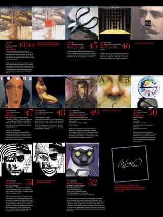 43/44                                                                                                              45                                                   46
ANO: 1995                                                 Capa interna da edição Nº 43/44,              ANO: 1995                                           ANO: 1995/1996                                       Capa interna da edição Nº 46
CAPA:                                                     desenho de Frank Lloyd Wright                 CAPA: Takenobu Igarashi                             CAPA: Miran/Foto: Cassina/Itália
Frank Lloyd Wright                                                                                      ARTISTAS PARTICIPANTES:                             ARTISTAS PARTICIPANTES:
ARTISTAS                                                                                                Takenobu Igarashi (Japão)                           Charles Rennie Mackintosh
PARTICIPANTES:                                                                                                                                              Cassina
Frank Lloyd Wright , Robert Adam, Étienne-                                                              Edição especial dedicada totalmente ao tra-
Louis Boullé, Karl Friedrich Schinkel, Violet-le Duc,                                                   balho do designer japonês Takenobu Igarashi,        Edição especial com 180 páginas dedicada ao
Nurnberg School, Donato Bramante, Leonardo da                                                           sendo que são publicados inúmeros trabalhos         trabalho de Charles Rennie Mackintosh. Um
Vinci, Buonarroti, Sir matthew Digby Wyatt, Alfred
                                                                                                        de design de produto, gráfico e esculturas.         artigo de 20 páginas é dedicado a “Cassina”
Waterhouse, Otto Wagner, Antonio Sant’elia e Hugh
Ferris além de outros.                                                                                                                                      Arredamenti/Itália-série “Cassina I Maestri”.

Edição especial com mais de 300 páginas e baixis-
síma tiragem. Dedicada totalmente aos trabalhos
de arquitetos, sendo que 70% ao trabalho de Frank
Lloyd Wright. A novidade é que nesta edição são
utilizadas várias técnicas de impressão, xerox,
serigrafia, off-set, impressões heliográficas e
digitais.




                                   47                                                      48                                               49                                                                                        50
ANO: 1996/1997                                          ANO: 1997/1998                                     ANO: 1999/2002                                     Capa interna da edição Nº 49                    ANO: 2000
CAPA: Eduardo Benito                                    CAPA: Edouard Cazaux/1925                          CAPA: Eugène Mihaesco                                                                              CAPA: André François
ARTISTAS                                                Foto: Richard Ball                                 /Matt Mahurim/ David Carson                                                                        ARTISTAS
PARTICIPANTES:                                                                                             ARTISTAS PARTICIPANTES:                                                                            PARTICIPANTES:
Jean Carlu ( França), Charles Loupot                    Gráfica-Art Decó Parte 2                           Laura Smith (Estados Unidos)                                                                       André François
Cassandre ( França ), H. Mercier, Paul Colin            Continuação da edição 47 com trabalhos em          Seymour Schwast ((Estados Unidos)                                                                  Peret
( França), Mauzan, Sepo, Seneca, William                de art decó em livros, bookbinding, design de      Type (Japão)                                                                                       Ciardiello
Welsh, M. F. Agah, Binder, Gustav Jensen,               objetos em geral, mini esculturas e fachadas       David Brier (Estados Unidos)                                                                       Fotógrafos do Brasil
Lucian Bernard, Lousie Filli, Carin Golden-             de edifícios argentinos, franceses e diversos      Plauto (Brasil)                                                                                    Desenhos a bico de pena de ar-
berg, Paula Scher.                                      nos Estados Unidos, especialmente em Nova                                                                                                             quitetos
                                                        York, Chicago e Miami.                             Após alguns números com baixa tiragem, a                                                           Selos comemorativos
Gráfica-Art Decó Parte 1                                                                                   Gráfica 49 volta a ser produziha em grande
Edição com trabalhos de artes gráficas                                                                     quantidade. A revista traz o trabalho de David                                                     Edição mista com portfólios de
do período das décadas de 1920 e 1930.                                                                     Carson, Andre François, Eugène Mihaesco, do                                                        Ciardello, Peret e fotógrafos diversos.
Contém diversos posters e insertado um                                                                     fotógrafo Carlos Teixeira e a Seção Áurea, com                                                     Além disso traz também a história
caderninho especial com capas de Benito                                                                    portfolios de ilustradores argentinos.                                                             dos selos comemorativos entre 1910
para a Vogue de 1921 a 1934.                                                                                                                                                                                  e 1920 e desenhos a bico de pena
                                                                                                                                                                                                              por arquitetos.




ANO: 2000/2001
CAPA: Ken Cato
ARTISTAS PARTICIPANTES:
Ken Cato ( Austrália)                 51
Caricaturistas e Ilustradores brasileiros
Cássio Loredano ( Brasil), Luís Trimano, Ja-
                                                          Capa interna da edição Nº 51 ,
                                                          ilustração de Ken Kato
                                                                                                        ANO: 2001/2002
                                                                                                        CAPA: Bill Mayer
                                                                                                        ARTISTAS PARTICIPANTES:
                                                                                                        Bill Mayer ( Estados Unidos)
                                                                                                        Theo Dimson ( Canadá )
                                                                                                        Carlos Nine ( Argentina )
                                                                                                                                         52                                       Portfólio de Oswaldo Miranda / Miran
                                                                                                                                                                                  Miran 20 anos de design Gráfico, editado entre
                                                                                                                                                                                  os anos de 1987 e 1988 no mesmo formato da
guar, Caulos, Zélio, Luis Gê, Irmãos Caruso,                                                            David Carson ( Estados Unidos)                                            Revista Gráfica
Ziraldo, Claudius, Laerte                                                                               Phillip Starck ( França ) Tipografia
                                                                                                        Formandos do Curso de Design da PUC/PR
Edição especial em preto e branco, sendo
que grande parte da edição é dedicada ao                                                                Esta edição marca o reinício da periodicidade da Gráfica.
trabalho do designer australiano Ken Kato e                                                             Como presente ela traz os trabalhos de Bill Mayer, Theo
sua produção de marcas, logos, ilustrações,
design editorial, calendários e design de
                                                                                                        Dimson e Carlos Nine, além de miscelâneas de David Carson
                                                                                                        e Phillippe Starck. As grandes novidades são o número de
                                                                                                                                                                                                                     13
produto. A edição traz também uma mostra                                                                páginas e o custo mais acessível, possível graças à parceria
                                                                                                                                                                                                                      ABCDesign




de caricaturistas e ilustradores brasilei-                                                              da Gráfica com a gigantesca Editora Escala. Além disso outra
ros. A edição finaliza com artigo do prof.                                                              novidade é a publicação de trabalhos de formando em design
Joaquim da Fonseca “ Caricaturas” .                                                                     da PUC/PR.
 