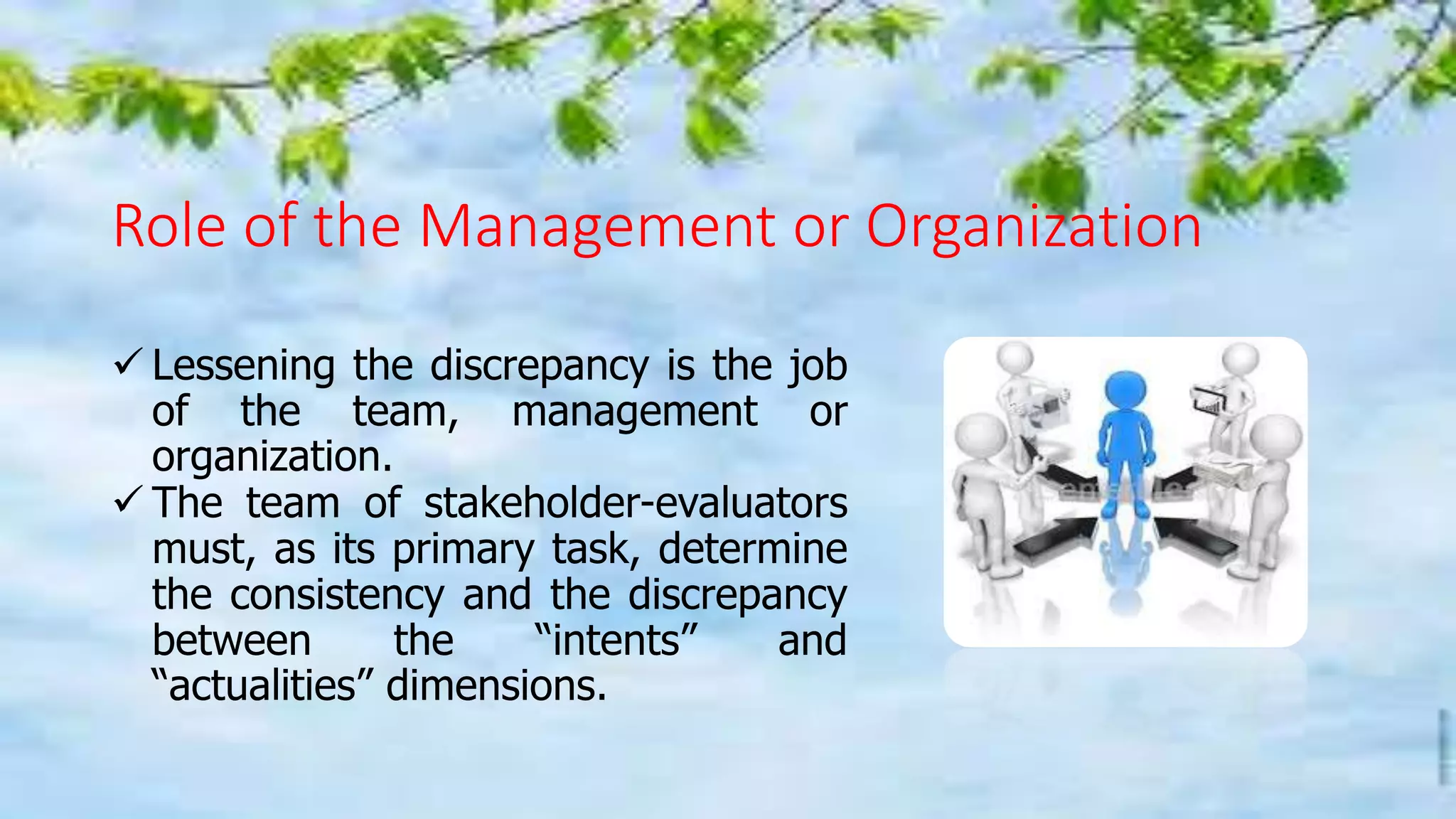 Role of the Management or Organization
 Lessening the discrepancy is the job
of the team, management or
organization.
 The team of stakeholder-evaluators
must, as its primary task, determine
the consistency and the discrepancy
between the “intents” and
“actualities” dimensions.
 