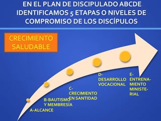 EN EL PLAN DE DISCIPULADO ABCDE
IDENTIFICAMOS 5 ETAPAS O NIVELES DE
COMPROMISO DE LOS DISCÍPULOS
A-ALCANCE
B-BAUTISMO
Y MEMBRESÍA
C-
CRECIMIENTO
EN SANTIDAD
D-
DESARROLLO
VOCACIONAL
E-
ENTRENA-
MIENTO
MINISTE-
RIAL
CRECIMIENTO
SALUDABLE
 