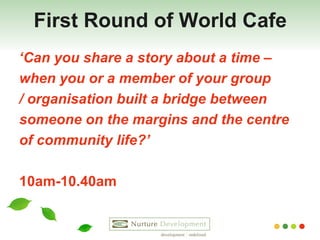 First Round of World Cafe ‘ Can you share a story about a time – when you or a member of your group / organisation built a bridge between  someone on the margins and the centre  of community life?’   10am-10.40am  