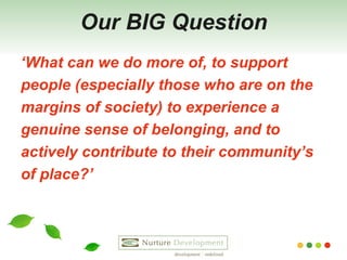Our BIG Question ‘ What can we do more of, to support  people (especially those who are on the  margins of society) to experience a  genuine sense of belonging, and to  actively contribute to their community’s  of place?’   