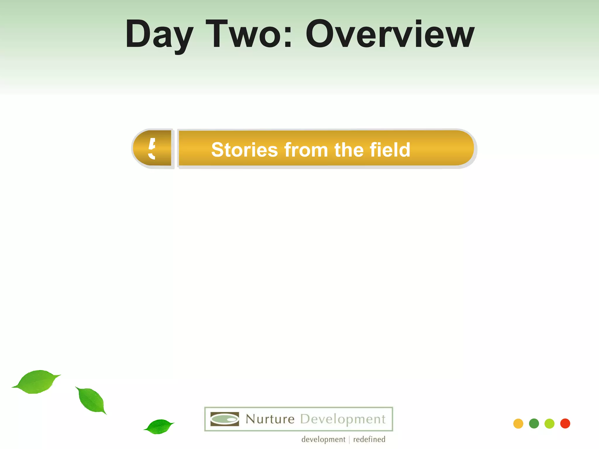 Day Two: Overview Stories from the field 5 