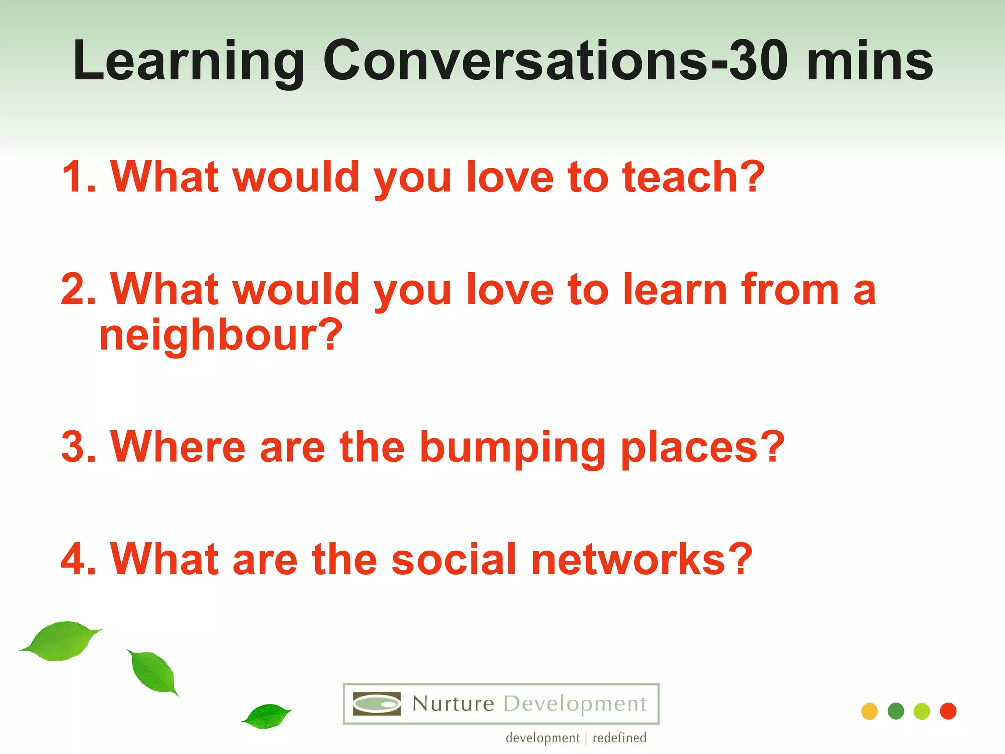 Learning Conversations-30 mins 1. What would you love to teach? 2. What would you love to learn from a neighbour? 3. Where are the bumping places? 4. What are the social networks? 
