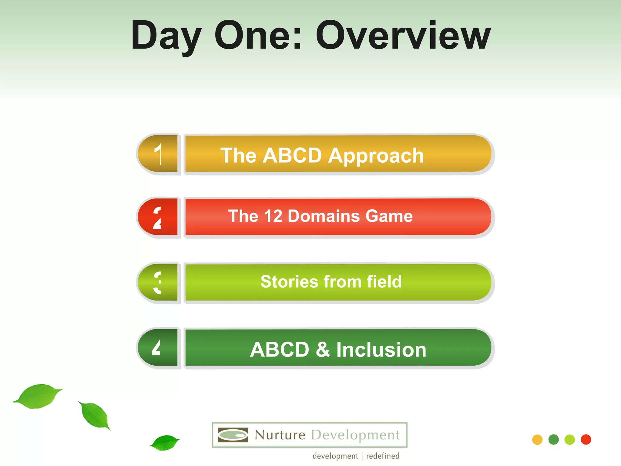 Day One: Overview Stories from field  The ABCD Approach The 12 Domains Game ABCD & Inclusion 1 2 3 4 