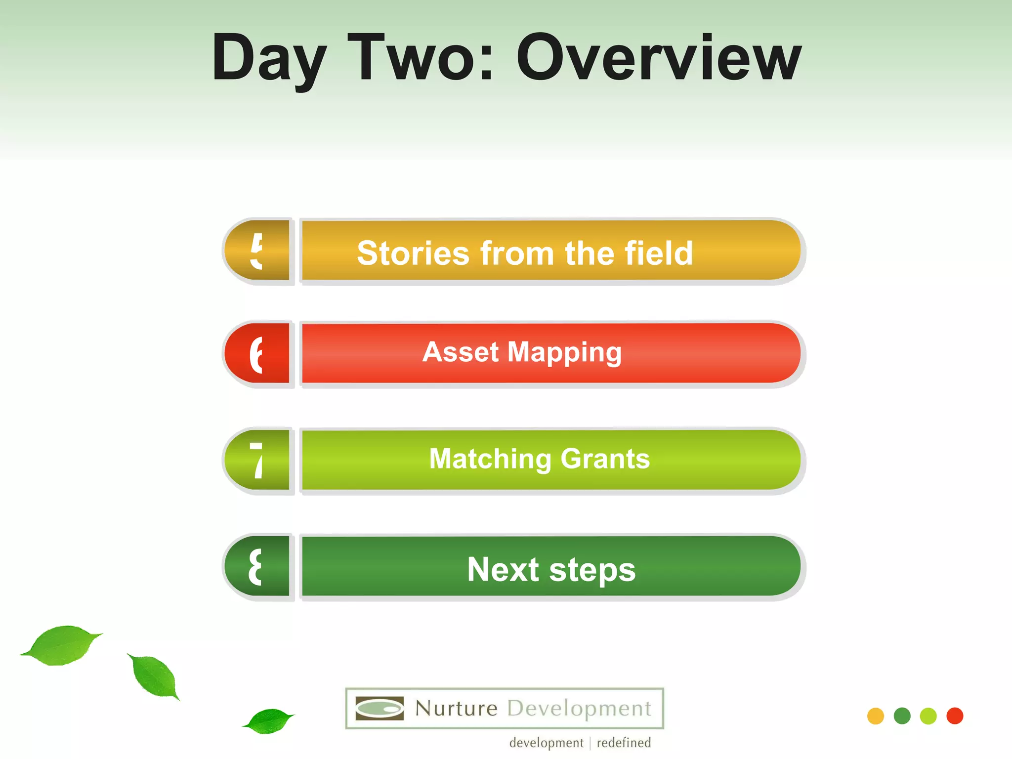 Day Two: Overview Matching Grants  Stories from the field Asset Mapping Next steps 5 6 7 8 