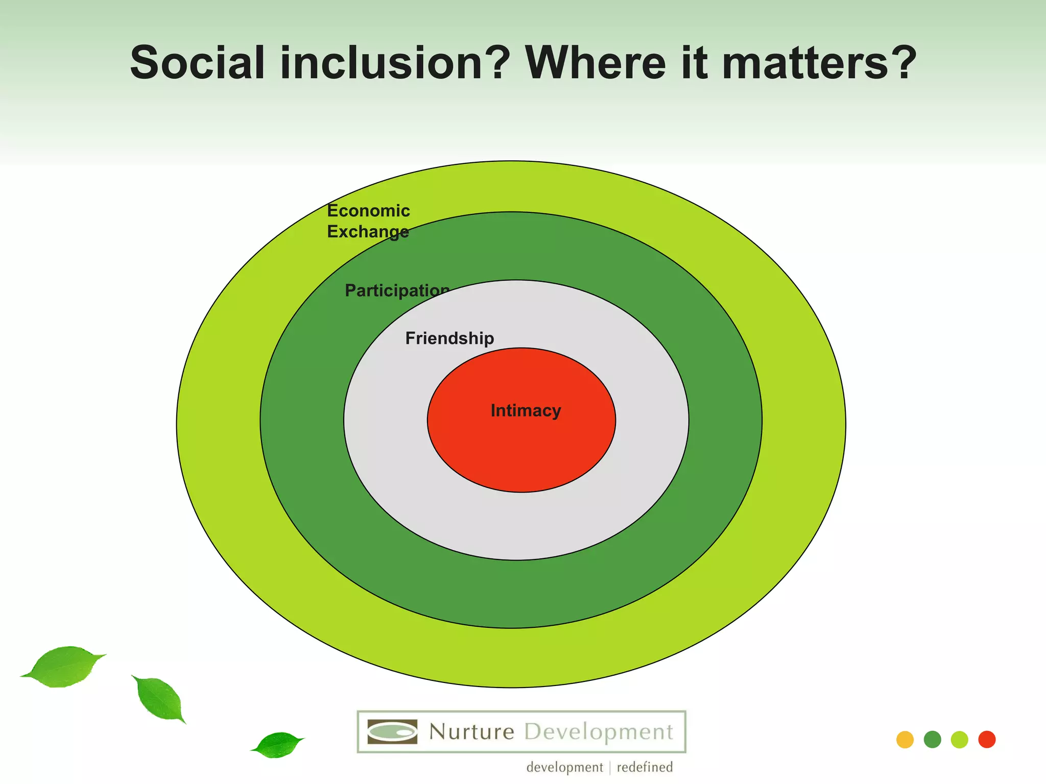 Social inclusion? Where it matters? Participation Friendship Intimacy Economic Exchange 