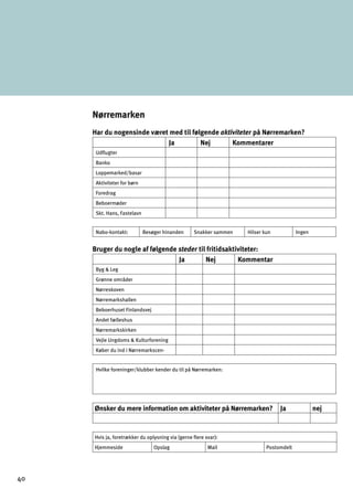 Nørremarken
Har du nogensinde været med til følgende aktiviteter på Nørremarken?
Ja Nej Kommentarer
Udﬂugter
Banko
Loppemarked/basar
Aktiviteter for børn
Foredrag
Beboermøder
Skt. Hans, Fastelavn
Nabo-kontakt: Besøger hinanden Snakker sammen Hilser kun Ingen
Bruger du nogle af følgende steder til fritidsaktiviteter:

Ja Nej Kommentar
Byg  Leg
Grønne områder
Nørreskoven
Nørremarkshallen
Beboerhuset Finlandsvej
Andet fælleshus
Nørremarkskirken
Vejle Ungdoms  Kulturforening
Køber du ind i Nørremarkscen-
Hvilke foreninger/klubber kender du til på Nørremarken:
Ønsker du mere information om aktiviteter på Nørremarken? Ja nej
Hvis ja, foretrækker du oplysning via (gerne ﬂere svar):
Hjemmeside Opslag Mail Postomdelt
40
 