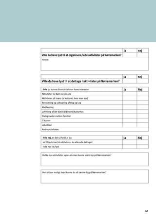Ja nej
Ville du have lyst til at organisere/lede aktiviteter på Nørremarken?
Hvilke:
Ja nej
Ville du have lyst til at deltage i aktiviteter på Nørremarken?
- hvis ja, kunne disse aktiviteter have interesse: Ja Nej
Aktiviteter for børn og voksne
Aktiviteter på tværs (af kulturer, hvor man bor)
Renovering og udbygning af Byg og Leg
Madlavning
Udvikling af idé butik/bibliotek/kulturhus
Dialogmøder mellem familier
IT kurser
Lokalblad
Andre aktiviteter:
- hvis nej, er det så fordi at du: Ja Nej
- er tilfreds med de aktiviteter du allerede deltager i
- ikke har tid/lyst
Hvilke nye aktiviteter synes du man kunne starte op på Nørremarken?
Hvis alt var muligt hvad kunne du så tænke dig på Nørremarken?
41
 