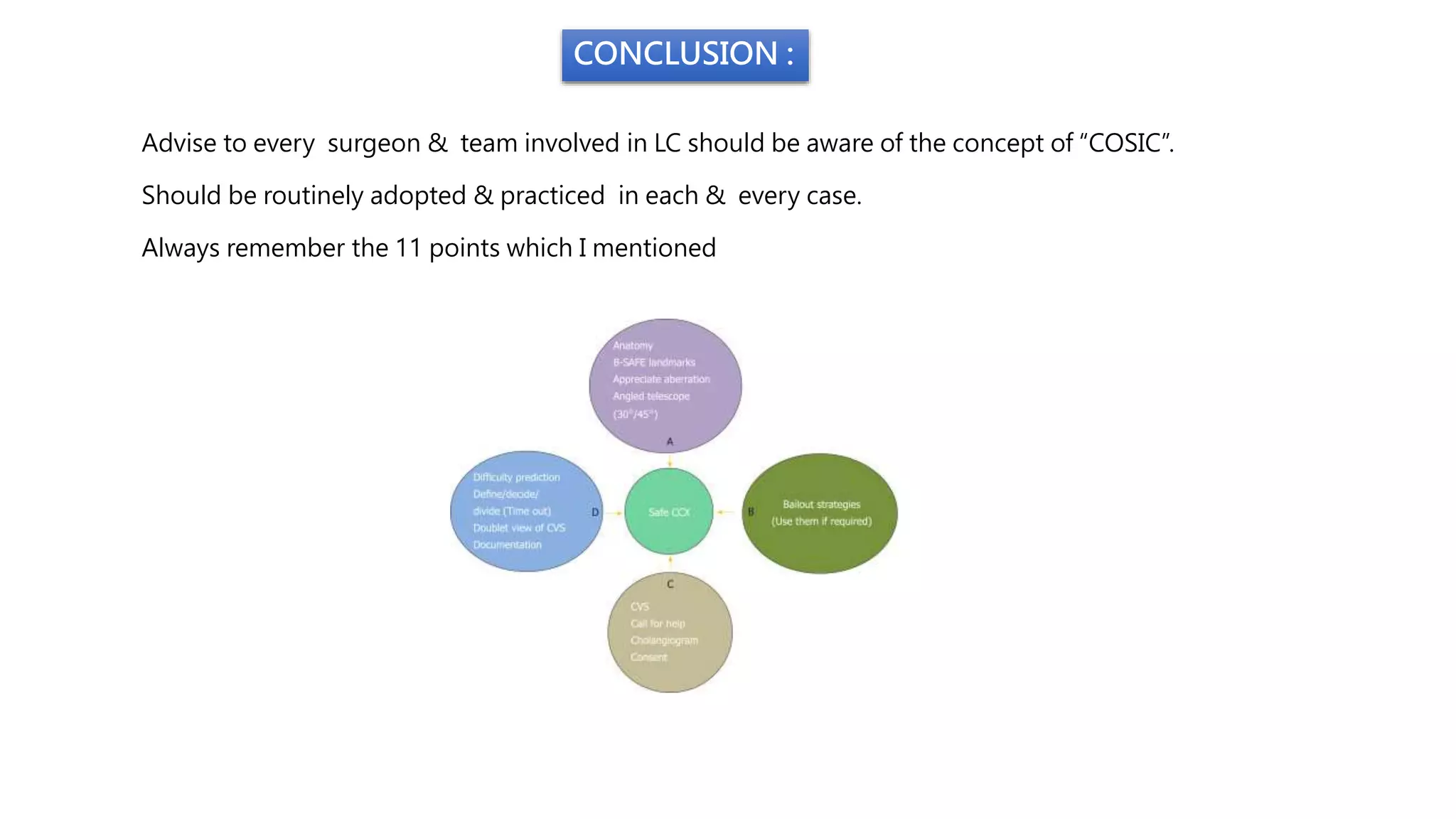 Advise to every surgeon & team involved in LC should be aware of the concept of “COSIC”.
Should be routinely adopted & practiced in each & every case.
Always remember the 11 points which I mentioned
CONCLUSION :
 