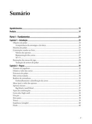 Sumário

Agradecimentos................................................................................................................... 15
Prefácio............................................................................................................................... 17

Parte I – Fundamentos.....................................................................................21
Capítulo 1 – Introdução........................................................................................................ 23
      Objetivo do poker.................................................................................................. 24
          A importância da estratégia e da tática............................................................... 24
      História do poker. ................................................................................................. 25
                             .
      Convenções usadas no livro.................................................................................... 27
          Valores das apostas........................................................................................... 27
          Representação das cartas................................................................................... 27
          10 = T...............................................................................................................28
      Ilustrações das mesas de jogo.................................................................................28
          Tradução de termos do poker............................................................................ 29
Capítulo 2 – Regras.............................................................................................................. 31
      Número de jogadores............................................................................................. 32
      Ordem e valor das cartas........................................................................................ 32
      Estrutura do poker. ............................................................................................... 33
                                .
      Mão versus rodada................................................................................................. 34
      Rodízio de carteadores........................................................................................... 35
         Embaralhamento e distribuição de cartas..........................................................36
      Mesa (pot) e valor das apostas................................................................................36
      Apostas iniciais...................................................................................................... 37
         Big blind e small blind...................................................................................... 37
      Tipos de combinações............................................................................................38
      Carta alta (high card)............................................................................................. 39
      Um par.................................................................................................................. 39
      Dois pares. ............................................................................................................ 39
                   .
      Trinca.................................................................................................................... 39
      Seqüência (straight)...............................................................................................40
      Flush.....................................................................................................................40




                                                                                                                                        
 