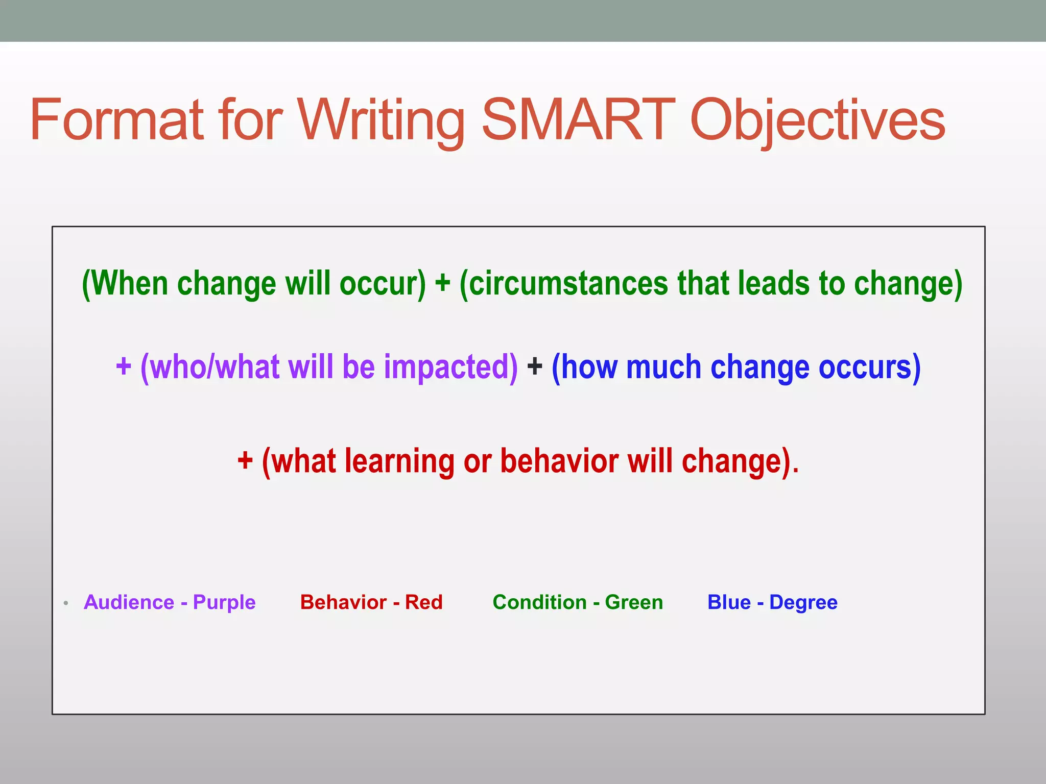 Format for Writing SMART Objectives
(When change will occur) + (circumstances that leads to change)
+ (who/what will be impacted) + (how much change occurs)
+ (what learning or behavior will change).
• Audience - Purple Behavior - Red Condition - Green Blue - Degree
 