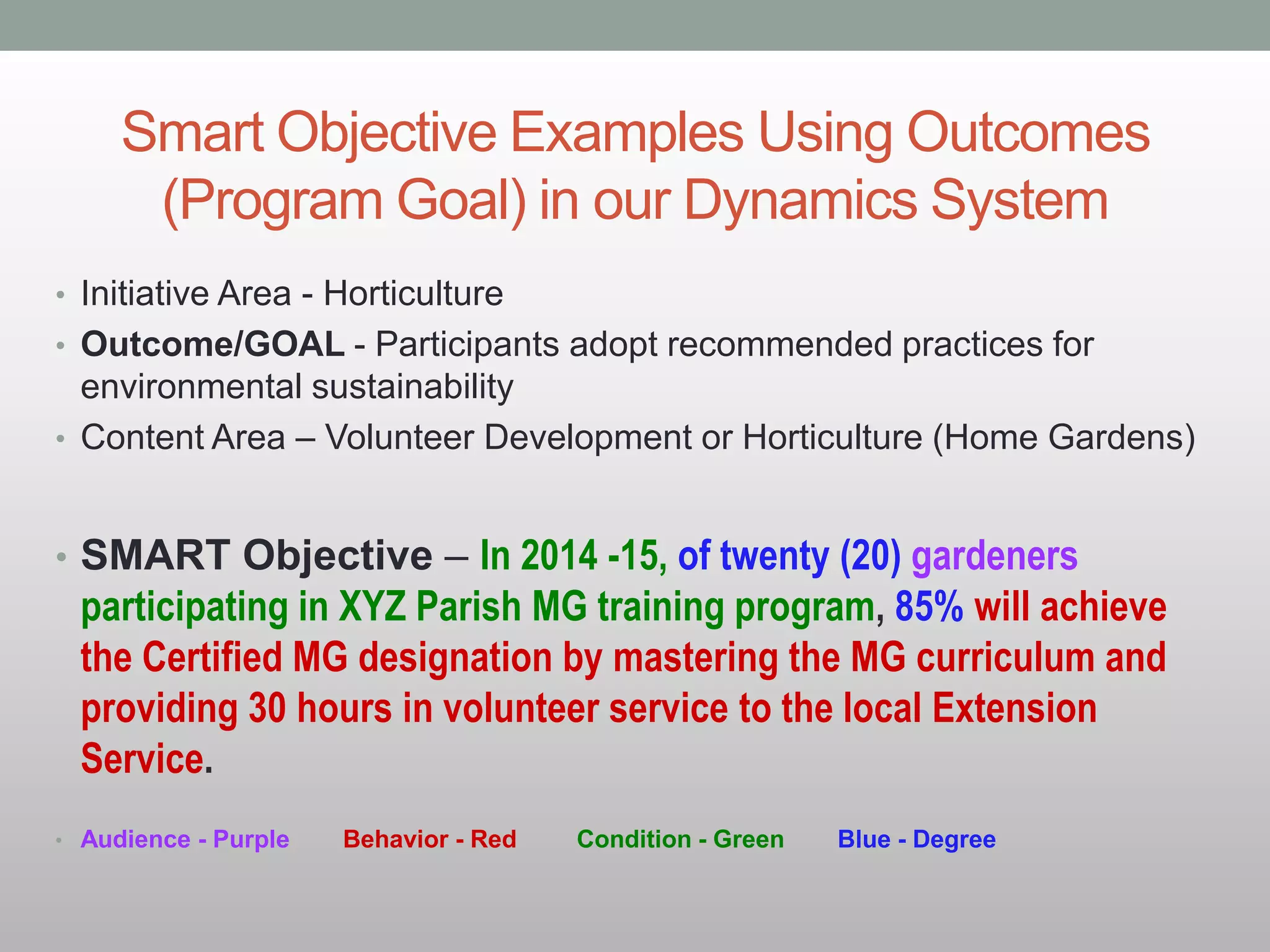 Smart Objective Examples Using Outcomes
(Program Goal) in our Dynamics System
• Initiative Area - Horticulture
• Outcome/GOAL - Participants adopt recommended practices for
environmental sustainability
• Content Area – Volunteer Development or Horticulture (Home Gardens)
• SMART Objective – In 2014 -15, of twenty (20) gardeners
participating in XYZ Parish MG training program, 85% will achieve
the Certified MG designation by mastering the MG curriculum and
providing 30 hours in volunteer service to the local Extension
Service.
• Audience - Purple Behavior - Red Condition - Green Blue - Degree
 