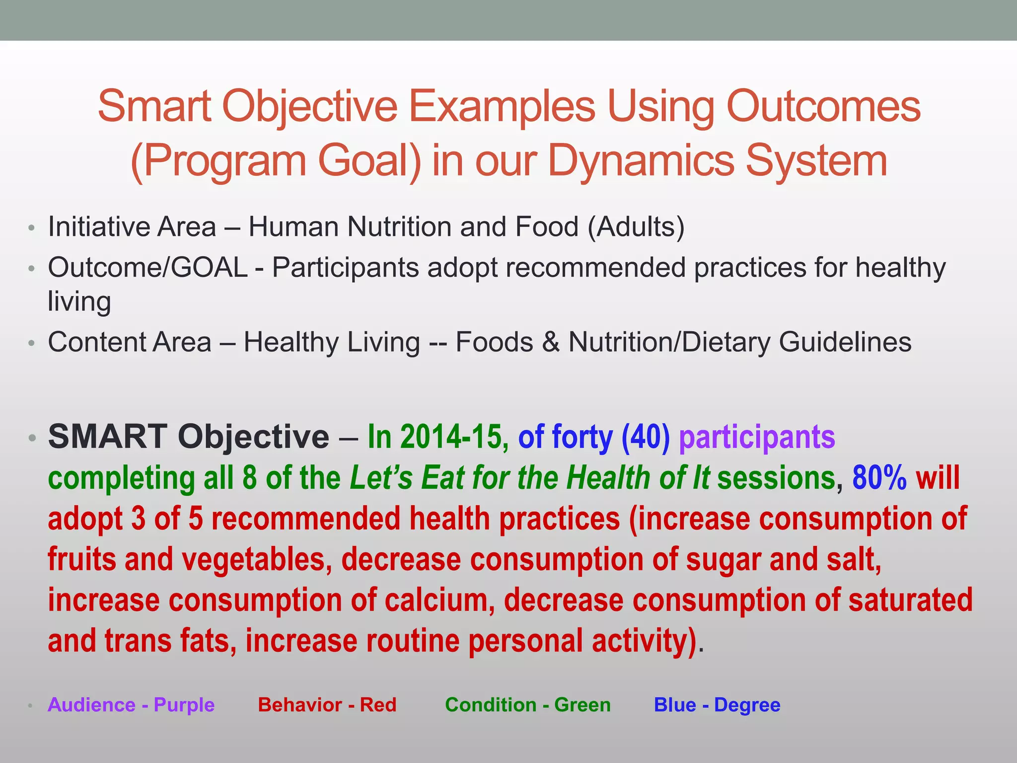 Smart Objective Examples Using Outcomes
(Program Goal) in our Dynamics System
• Initiative Area – Human Nutrition and Food (Adults)
• Outcome/GOAL - Participants adopt recommended practices for healthy
living
• Content Area – Healthy Living -- Foods & Nutrition/Dietary Guidelines
• SMART Objective – In 2014-15, of forty (40) participants
completing all 8 of the Let’s Eat for the Health of It sessions, 80% will
adopt 3 of 5 recommended health practices (increase consumption of
fruits and vegetables, decrease consumption of sugar and salt,
increase consumption of calcium, decrease consumption of saturated
and trans fats, increase routine personal activity).
• Audience - Purple Behavior - Red Condition - Green Blue - Degree
 