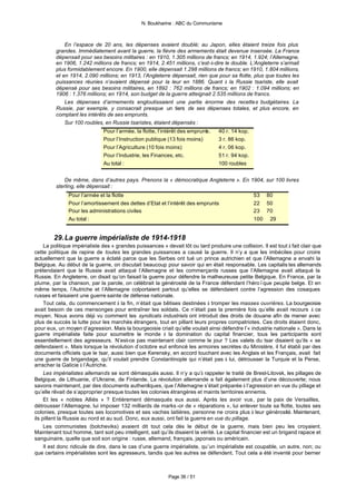 N. Boukharine : ABC du Communisme



             En l’espace de 20 ans, les dépenses avaient doublé; au Japon, elles étaient treize fois plus
         grandes. Immédiatement avant la guerre, la fièvre des armements était devenue insensée. La France
         dépensait pour ses besoins militaires : en 1910, 1.305 millions de francs; en 1914, 1.924; l’Allemagne,
         en 1906, 1.242 millions de francs; en 1914, 2.451 millions, c’est-à-dire le double. L’Angleterre s’armait
         plus formidablement encore. En 1900, elle dépensait 1.298 millions de francs; en 1910, 1.804 millions,
         et en 1914, 2.090 millions; en 1913, l’Angleterre dépensait, rien que pour sa flotte, plus que toutes les
         puissances réunies n’avaient dépensé pour la leur en 1886. Quant à la Russie tsariste, elle avait
         dépensé pour ses besoins militaires, en 1892 : 762 millions de francs; en 1902 : 1.094 millions; en
         1906 : 1.376 millions; en 1914, son budget de la guerre atteignait 2.535 millions de francs.
             Les dépenses d’armements engloutissaient une partie énorme des recettes budgétaires. La
         Russie, par exemple, y consacrait presque un tiers de ses dépenses totales, et plus encore, en
         comptant les intérêts de ses emprunts.
             Sur 100 roubles, en Russie tsaristes, étaient dépensés :
                               Pour l’armée, la flotte, l’intérêt des emprunts.   40 r. 14 kop.
                               Pour l’Instruction publique (13 fois moins)        3 r. 86 kop.
                               Pour l’Agriculture (10 fois moins)                 4 r. 06 kop.
                               Pour l’Industrie, les Finances, etc.               51 r. 94 kop.
                               Au total :                                         100 roubles


             De même, dans d’autres pays. Prenons la « démocratique Angleterre ». En 1904, sur 100 livres
         sterling, elle dépensait :
               Pour l’armée et la flotte                                                          53 80
               Pour l’amortissement des dettes d’Etat et l’intérêt des emprunts                   22 50
               Pour les administrations civiles                                                   23 70
               Au total :                                                                         100 29


        29. La guerre impérialiste de 1914-1918
     La politique impérialiste des « grandes puissances » devait tôt ou tard produire une collision. Il est tout à fait clair que
cette politique de rapine de toutes les grandes puissances a causé la guerre. Il n’y a que les imbéciles pour croire
actuellement que la guerre a éclaté parce que les Serbes ont tué un prince autrichien et que l’Allemagne a envahi la
Belgique. Au début de la guerre, on discutait beaucoup pour savoir qui en était responsable. Les capitalis tes allemands
prétendaient que la Russie avait attaqué l’Allemagne et les commerçants russes que l’Allemagne avait attaqué la
Russie. En Angleterre, on disait qu’on faisait la guerre pour défendre la malheureuse petite Belgique. En France, par la
plume, par la chanson, par la parole, on célébrait la générosité de la France défendant l’héroïque peuple belge. Et en
même temps, l’Autriche et l’Allemagne colportaient partout qu’elles se défendaient contre l’agression des cosaques
russes et faisaient une guerre sainte de défense nationale.
     Tout cela, du commencement à la fin, n’était que bêtises destinées à tromper les masses ouvrières. La bourgeoisie
avait besoin de ces mensonges pour entraîner les soldats. Ce n’était pas la première fois qu’elle avait recours à ce
moyen. Nous avons déjà vu comment les syndicats industriels ont introduit des droits de douane afin de mener avec
plus de succès la lutte pour les marchés étrangers, tout en pillant leurs propres compatriotes. Ces droits étaient donc,
pour eux, un moyen d’agression. Mais la bourgeoisie criait qu’elle voulait ainsi défendre l’« industrie nationale ». Dans la
guerre impérialiste faite pour soumettre le monde à la domination du capital financier, tous les participants sont
essentiellement des agresseurs. N’est-ce pas maintenant clair comme le jour ? Les valets du tsar disaient qu’ils « se
défendaient ». Mais lorsque la révolution d’octobre eut enfoncé les armoires secrètes du Ministère, il fut établi par des
documents officiels que le tsar, aussi bien que Kerensky, en accord touchant avec les Anglais et les Français, avait fait
une guerre de brigandage, qu’il voulait prendre Constantinople qui n’était pas à lui, détrousser la Turquie et la Perse,
arracher la Galicie à l’Autriche.
     Les impérialistes allemands se sont démasqués aussi. Il n’y a qu’à rappeler le traité de Brest-Litovsk, les pillages de
Belgique, de Lithuanie, d’Ukraine, de Finlande. La révolution allemande a fait également plus d’une découverte; nous
savons maintenant, par des documents authentiques, que l’Allemagne s’était préparée à l’agression en vue du pillage et
qu’elle rêvait de s’approprier presque toutes les colonies étrangères et maints territoires ennemis.
     Et les « nobles Alliés » ? Entièrement démasqués eux aussi. Après les avoir vus, par la paix de Versailles,
détrousser l’Allemagne, lui imposer 132 milliards de marks -or de « réparations », lui enlever toute sa flotte, toutes ses
colonies, presque toutes ses locomotives et ses vaches laitières, personne ne croira plus à leur générosité. Maintenant,
ils pillent la Russie au nord et au sud. Donc, eux aussi, ont fait la guerre en vue du pillage.
     Les communistes (bolcheviks) avaient dit tout cela dès le début de la guerre, mais bien peu les croyaient.
Maintenant tout homme, tant soit peu intelligent, sait qu’ils disaient la vérité. Le capital financier est un brigand rapace et
sanguinaire, quelle que soit son origine : russe, allemand, français, japonais ou américain.
     Il est donc ridicule de dire, dans le cas d’une guerre impérialiste, qu’un impérialiste est coupable, un autre, non; ou
que certains impérialistes sont les agresseurs, tandis que les autres se défendent. Tout cela a été inventé pour berner



                                                            Page 36 / 51
 