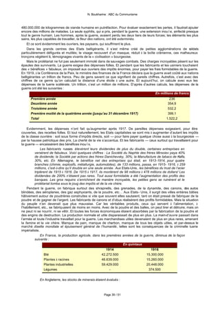 N. Boukharine : ABC du Communisme



480.000.000 de kilogrammes de viande humaine en putréfaction. Pour évaluer exactement les pertes, il faudrait ajouter
encore des millions de malades. La seule syphilis, qui a pris, pendant la guerre, une extension inouïe, ainfecté presque
tout le genre humain. Les hommes, après la guerre, avaient perdu les deux tiers de leurs forces; les éléments les plus
sains, les plus capables de travailler, la fleur des nations, ont été exterminés.
    Et ce sont évidemment les ouvriers, les paysans, qui souffrirent le plus.
    Dans les grands centres des Etats belligérants, il s’est même créé de petites agglomérations de s              oldats
particulièrement défigurés et mutilés; le visage recouvert d’un masque, réduit à la boîte crânienne, ces malheureux
tronçons végètent là, témoignages vivants de la « civilisation » bourgeoise.
    Mais le prolétariat ne fut pas seulement immolé dans de sauvages combats. Des charges incroyables pèsent sur les
épaules des survivants. La guerre exigea des dépenses folles. Et pendant que les fabricants et les usiniers touchaient
des « bénéfices » fabuleux, on imposait aux ouvriers des impôts énormes, pour payer les frais formidables de la guerre.
En 1919, à la Conférence de la Paix, le ministre des finances de la France déclara que la guerre avait coûté aux nations
belligérantes un trillion de francs. Peu de gens savent ce que signifient de pareils chiffres. Autrefois, c’est avec des
chiffres de ce genre qu’on calculait la distance d’une étoile à une autre. Et aujourd’hui, on calcule avec eux les
dépenses de la tuerie scélérate. Un trillion, c’est un million de millions. D’après d’autres calculs, les dépenses de la
guerre ont été les suivantes :
                                                                                            En millions de francs
      Première année                                                                                  236
      Deuxième année                                                                                 354,9
      Troisième année                                                                                532,2
      Première moitié de la quatrième année (jusqu’au 31 décembre 1917)                              399,1
      Total                                                                                         1.522,2


    Evidemment, les dépenses n’ont fait qu’augmenter après 1917. De pareilles dépenses exigeaient, pour être
couvertes, des recettes folles. Et tout naturellement, les Etats capitalistes se sont mis à augmenter d’autant les impôts
de la classe ouvrière : soit sous forme d’impôts directs, soit — pour faire payer quelque chose aussi à la bourgeoisie —
par la hausse patriotique des prix. La cherté de la vie s’accentua. Et les fabricants — ceux surtout qui travaillaient pour
la guerre — encaissèrent des bénéfices inouïs.
               Les fabricants russes élevèrent leurs dividendes de plus du double, certaines entreprises en
          versèrent de fabuleux. Voici quelques chiffres : La Société du Naphte des frères Mirsoiev paya 40%
          de dividende; la Société par actions des frères Danichevsky, 30%; la Manufacture de tabacs de Kalfa,
          30%, etc. En Allemagne, le bénéfice net des entreprises qui était, en 1913-1914, pour quatre
          branches (chimie, explosifs, métallurgie, automobiles), de 133 millions, passa, en 1915- 1916, à 259
          millions, c’est-à-dire qu’il doubla en une seule année. Aux Etats-Unis , les bénéfices du trust de l’acier
          triplèrent de 1915 à 1916. De 1915 à 1917, ils montèrent de 98 millions à 478 millions de dollars! Les
          dividendes de 200% n’étaient pas rares. Tout aussi formidable a été l’augmentation des profits des
          banques. Les gros requins s’enrichirent de manière incroyable, les petites gens se ruinèrent et le
          prolétariat tomba sous le joug des impôts et de la vie chère.
    Pendant la guerre, on fabriqua surtout des shrapnells, des grenades, de la dynamite, des canons, des autos
blindées, des aéroplanes, des gaz asphyxiants, de la poudre, etc… Aux Etats- Unis, il surgit des villes entières bâties
hâtivement autour de poudrières construites si vite que souvent elles sautaient, tant on était pressé de fabriquer de la
poudre et de gagner de l’argent. Les fabricants de canons et d’obus réalisèrent des profits formidables. Mais la situation
du peuple n’en devenait que plus mauvaise. Car les véritables produits, ceux qui servent à l’alimentation, à
l’habillement, etc., se fabriquaient de moins en moins. Avec de la poudre et des balles, on peut tirer et détruire; mais on
ne peut ni se nourrir, ni se vêtir. Et toutes les forces économiques étaient absorbées par la fabrication de la poudre et
des engins de destruction. La production normale et utile disparaissait de plus en plus. La main-d’œuvre passait dans
l’armée et toute l’industrie travaillait pour la guerre. Les marchandises utiles devenaient de plus en plus rares, amenant
la famine et la vie chère. Manque de pain, manque de charbon, manque de tous les objets utiles, et par-dessus le
marché disette mondiale et épuisement général de l’humanité, telles sont les conséquences de la criminelle tuerie
impérialiste.
               En France, la production agricole, dans les premières années de la guerre, diminua de la façon
          suivante :
                                                                        En quintaux
                                                          1914                           1916
               Blé                                     42.272.500                     15.300.000
               Plantes à racines                       46.639.000                     15.260.000
               Plantes industrielles                   59.429.000                     20.448.000
               Légumes                                      -                          374.500


            En Angleterre, les stocks de minerais étaient évalués :



                                                         Page 39 / 51
 