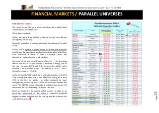 The World of ABC Economics – Monthly News Bulletin from abceconomics.com – No. 5 – April 2016
Page15
FINANCIAL MARKETS / PARALLEL UNIVERSES
FEDERICO IZZI reports.
The time has come for us to assess how financial markets fared
in the first quarter of the year.
Three facts stand out.
Firstly, we saw a sharp decline in stock prices as never before
during the past century.
Secondly, a number of indexes recovered from January’s market
slump.
Finally, some significant performance discontinuities between
the Old and the New World are beginning to develop, with three
Latin American countries – namely Colombia, Brazil and
Argentina – outperforming most markets.
Last year’s best and second best performers – the Argentina
Merval and Russia’s Micex indexes – recorded a strong start of
the year growing 11.3% and 6.4% respectively, whilst Italy’s
FtseMib – on the lower step of the podium in 2015 – had a
dismal first quarter (-15.4%).
Don’t be fooled by the recent bullish market conditions. As
previously mentioned in this column, historical evidence
suggests market turbulence in the coming months as the end of
a presidency nears. Ω
In the US, the S&P500 ended Q1 in mid-table mediocrity (+0,7%
YTD). Having bottomed out in mid-February, losing more than
11% in the first six weeks, the index managed to react
energetically, recovering over 13% in just six weeks of their last
seven. The S&P500 closed either above or below one percent 26
times over the first 48 trading sessions of the year.
 