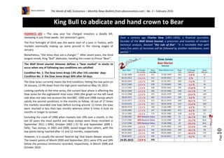 The World of ABC Economics – Monthly News Bulletin from abceconomics.com – No. 3 – February 2016
Page10
King Bull to abdicate and hand crown to Bear
FEDERICO IZZI – The new year has charged investors a deadly bill,
sweeping in just three weeks last semester’s gains.
The first fortnight of 2016 was the worst start of a year in history, with
markets eventually making up some ground in the closing stages of
January.
Nonetheless, “the times they are a changin’.” After seven years, the third
longest streak, King “Bull” abdicates, handing the crown to Prince “Bear”.
The Wall Street Journal Almanac defines a “bear market” in stocks to
occur when any of following two conditions are satisfied:
Condition No. 1: The Dow Jones drops 13% after 155 calendar days
Condition No. 2: the Dow Jones drops 30% after 50 days.
The Dow Jones currently meets the first condition, hitting the low point on
20 January, 13.9% down from the high point reached on May 19, 2015.
Looking carefully at the time series, the current bear phase is affecting the
Dow Jones for the eighteenth time since 1945 (the graph on the left hand
side does not take into account the the1987, 1990 and 1998 slumps which
satisfy the second condition). In the months to follow, 16 out of 17 times
the markets recorded new lows before turning around. 11 times the lows
were reached in less than two months whereas other 6 times it took six
months or longer to recover.
Excluding the crash of 1998 when markets lost 19% over a month, in the
last 20 years the most painful and deep slumps were those recorded in
September 2011 (-30%), October 2002 (-31 %) and September 2009 (-
54%). Two slumps, in 2001 and 2009, lasted longer than others, with the
low points being reached after 11 and 12 months, respectively.
However, it is usually the second ‘bearish leg’ that leaves deeper wounds.
The lowest points of March 2009 and September 2011 were 47% and 18%
below the previous minimums recorded, respectively, in March 2008 and
October 2010.
Over a century ago Charles Dow (1851-1902), a financial journalist,
founder of the Wall Street Journal, a precursor and inventor of modern
technical analysis, devised “the rule of five”: "It is inevitable that with
every five years of increases will be followed by another markdowns, even
partial. "
 