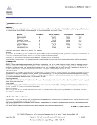 Explanatory (continued)
Newsletters:
Included in the Newsletter Activity are the following mailings branded to The Economist: Business This Week, Editor’s Highlights, Gulliver’s Best, Management Thinking, New on
The Economist online, Politics This Week, Publisher’s Newsletter, The Economist Debates, and The Economist in Audio.
	 Newsletter	 Issues in Period 	 Total Net Distribution 	 Total Unique Opens 	 Unique Open Rate
	 Business This Week	 4	 2,434,365	 300,705	 12.4%
	 Editor’s Highlights	 4	 869,671	 154,419 	 17.8%
	 Gulliver’s Best	 4	 752,435 	 129,335 	 17.2%
	 Management Thinking	 4	 760,706 	 116,906 	 15.4%
	 New on The Economist online	 13	 6,320,886 	 868,438 	 13.7%
	 Politics This Week	 4	 2,275,753 	 281,089 	 12.4%
	 Publisher’s Newsletter	 2	 779,797 	 103,007 	 13.2%
	 The Economist Debates	 9	 252,536 	 40,785 	 16.2%
	 The Economist in Audio	 5	 219,482 	 44,012 	 20.1%
Unique Opens were calculated 60 days after the send date of the newsletter.
Definitions:
Net Distribution: The newsletters from a given newsletter mailing that reached the subscriber’s email delivery server with a positive status code response received in return, net
of any internal and test addresses. Calculated by subtracting undelivered messages from gross sent messages.
Unique Open: The total number of HTML newsletters opened by a unique (individual) subscriber’s email address.
Unique Open Rate: The total number of HTML newsletters opened by a unique (individual) subscriber’s email address, divided by the number of net deliveries of the issue.
Social Media Sites:
Facebook Likes:
Facebook is a social networking website that is operated by Facebook Inc. The number of “Likes” are the number of individual Facebook profiles that have signed onto Face-
book pages created and/or branded to The Economist. “Likes” may allow content from these Facebook Pages to be displayed on their personal News Feed tab. The number
represented in this report is the total “Likes” and may contain individuals that “like” more than one page (e.g., may contain duplicates). A Facebook profile (account) may not
equate to an individual person. A total of three Economist branded Facebook accounts were included in the total shown on this report.
Twitter Followers (Total):
Twitter is a real-time short messaging service that works over multiple networks and devices. Followers are registered accounts of Twitter who may receive one of The Economist
branded “tweets” on their personal Twitter account pages. (A “tweet” consists of a text message of 140 characters or less.) The number represented in this report is the total
“followers” and may contain accounts that “follow” more than one feed (e.g., may contain duplicates). A Twitter account may not equate to an individual person. A total of 17 of
The Economist branded Twitter feeds were included in the total shown in this report.
LinkedIn Group Members:
LinkedIn is the professional social network. LinkedIn members of a group are allowed to post comments, follow conversations and permit content from the group to be posted
on their own personal LinkedIn Page.
Tumblr Followers:
Tumblr is a microblogging platform that allows users to post text, images, videos, links, quotes and audio to their tumblelog, a short-form blog. Users can follow other users
and allow entries from The Economist into their personal Tumblr pages.
Google+ Circle Members:
These are Google+ users who have chosen to allow The Economist content on Google+ to be shared on their personal pages within the service. There may be duplication of
users between the accounts reported.
To Members of the Audit Bureau of Circulations:
Data annotated as ‘subject to audit’ represent items reported on the most recent ABC Publisher’s Statement (US) and Cross Platform Circulation Certificate (ABC/UK) and will be
verified at the next scheduled audit period by the ABC (US/UK).
Other data have been examined in accordance with the ABC/US Bureau’s Bylaws and Rules, and included such tests and other audit procedures as we considered necessary
under the circumstances.
In our opinion, the other data items contained in this report are fairly stated in all respects material to the totals reported.
Audit Bureau of Circulations
THE ECONOMIST, published by The Economist Newspaper Ltd, 25 St. James’s Street - London SW1A 1HG
September 2012											 04-0261-0
The Economist, London, England, Page 5 of 13 - #230 - 744
See each paragraph for specific
data measurement period
Consolidated Media Report
Copyright © 2012 Audit Bureau of Circulations. All rights reserved.
 