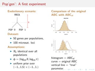 Pop’gen’: A ﬁrst experiment
   Evolutionary scenario:          Comparison of the original
        MRCA                       ABC with ABCel
                                                                        ESS=7034




                                             15
                      τ




                                             10
                                   Density

                                             5
   POP 0      POP 1




                                             0
                                                  0.00    0.05      0.10         0.15         0.20    0.25

   Dataset:                                                             log(theta)




       50 genes per populations,




                                             7
                                             6
       100 microsat. loci


                                             5
                                   Density

                                             4
                                             3
   Assumptions:

                                             2
                                             1
                                             0
       Ne identical over all                      −0.3   −0.2    −0.1      0.0          0.1     0.2   0.3

                                                                         log(tau1)

       populations
       φ = (log10 θ, log10 τ)      histogram = ABCel
                                   curve = original ABC
       uniform prior over
                                   vertical line = “true”
       (−1., 1.5) × (−1., 1.)
                                   parameter
 