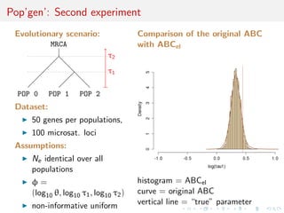 Pop’gen’: Second experiment
 Evolutionary scenario:                Comparison of the original ABC
            MRCA                       with ABCel
                              τ2
                              τ1

  POP 0     POP 1    POP 2
 Dataset:
     50 genes per populations,
     100 microsat. loci
 Assumptions:
     Ne identical over all
     populations
     φ=                                histogram = ABCel
     (log10 θ, log10 τ1 , log10 τ2 )   curve = original ABC
     non-informative uniform           vertical line = “true” parameter
 