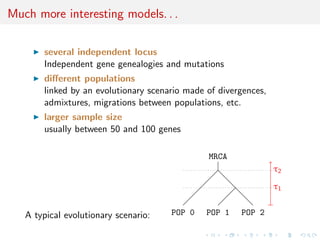 Much more interesting models. . .

       several independent locus
       Independent gene genealogies and mutations
       diﬀerent populations
       linked by an evolutionary scenario made of divergences,
       admixtures, migrations between populations, etc.
       larger sample size
       usually between 50 and 100 genes

                                               MRCA
                                                                 τ2
                                                                 τ1


   A typical evolutionary scenario:   POP 0    POP 1   POP 2
 