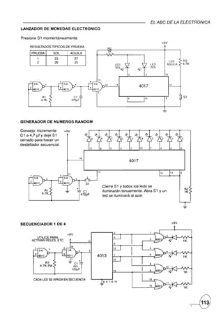 EL ABC DE LA ELECTRONICA
LANZADOR        DE MONEDAS          ELECTRONICO

Presione S1 momentáneamente.
                                                                                                    +9V
     RESULTADOS TIPICOS DE PRUEBA

      PRUEBA            SOL         AGUILA
          1             23             27
                                                                                                               LEO         R3
          2             26             25                                                                     AGUILA       4.7K
                                                                                             LEO
                                                                                             SOL

                                                                                                          16
                                                            14
                                                                  10    14                                     13
                                                                                      4017


                                                                                        15                8                S1




                                                                                                        -:-



GENERADOR         DE NUMEROS           RANDOM

Consejo: Incremente           +9V
C1 a 4,7 Ilf Y deje. S1
cerrado para hacer un
destellador secuencial.


                                            16
                                                                               4017

                                                            14                                     15           13     8




                                                                 Cierre S 1 Y todos los leds se
                                        +                                                                                   R2
                                                 C1              iluminarán tenuemente. Abra S1 y un                        1K
                                                470pF            led se iluminará al azar.




SECUENCIADOR            1 DE 4                                                                                  +9V


                                 +9V
         lTTlLlCE PARA
      ACTIVAR RELES, ETC                              14


                                            4           3
                                                            4013
                                            +
                  R1
              4.7K-1M



        CADA LEO SE APAGA EN SECUENCIA
 