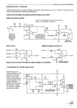 EL ABC DE LA ELECTRONICA
CIRCUITOS       CON IC LINEALES

Usted puede producir una gran variedad de circuitos sorprendentes                           con los ic lineales. A continuación           se
muestran algunas de las diferentes posibilidades:

CIRCUITOS CON AMPLlFICADORES                           OPERACIONALES            (OP-AMP)

A",PLlFICADOR           DE AUDIO
                                                                  741 es el preamplificador (R2 ajusta la ganancia)
                                                                  386 es un amplificador de potencia


                                                 R2100K

                                                                                      R3
                                                                                      10K

                                                            6

    MICROFONO
                                                        "           ES CORRECTO
     DINAMICO                                                                            VOLUMEN
                                                            "-    EL USO DE OTROS
   ETC,PRUEBE                                                     AMPLlFICADORES
   TAMBIENCON                                    -9V              OPERACIONALES
     ESTOS DE
       ABAJO
                                                                                                                             BOCINA
                                                                                                                            DE 8 OHMS


MEZCLADOR                                                                    AMPLIFICADOR          DIFERENCIAL

                  10K                                                                                           100K
ENTRADA 1                                                                    ENTRADA 1
                                           +9V
                  10K
ENTRADA 2   o-..J'I/V"---+--"':"'f.:"--
                  10K                             >6:....+_      SALIDA                                                    >-6,"-+_   SALIDA
                                                                                            100K
ENTRADA 3   ~..J'I.;v"--..J
                                                                             ENTRADA 2
                  10K
                                           -9V                                                                      -9V
                                                                                                                 ENTRADA 1-ENTRADA2
unUCE       CON UN AMPLIFICADOR                   DE AUDIO COMO EL DE ~RRIBA.                             ":"      ES AMPUFICADO




*TRANSMISOR          DE VOZ DE ONDA CORTA

                                                                                                          +9V
El micrófono es de
cristal o eléctrico. El led
es del tipo infrarrojo.
Utilice un lente para
enfocar la luz del led en
un rayo estrecho. Para




                                                                                                                             /o::~
probar. coloque un




                                                                                                                             "~ti.
audffono de radio cerca
del micrófono. Ajuste
                                                                                                     R6
R 1 Y R6 para mejores                                                                        /"50K
resultados de audio.                                                                                                                  ==~I
                                                                                    AJUSTE PARA MEJOR
                                                         R3            R4            CALIDAD DE AUDIO                            ~
                                                        5.6K          5.6K                                                    LENTE
 