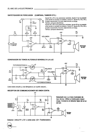 EL ABC DE LA ELECTRONICA




                                                                                                            +9V




.,
             S1
      PRESIONE
       Y LIBERE
                                              2
                                                     +9V


                                                                6
                                                                               VOLUMEN

                                                                                      -,                3




                                                                             C4              R5                                           BOCINA
                                                                           .OO1I1F          100K                                           deBO
                                                     -9V


                                                                                                              ~


GENERADOR                       DE TONOS ALTO/BAJO                  SENSIBLE           A LA LUZ

                                                                                                                   +9V
                                                                                                                     Á


                                                                                      BALANCE
     R1
     10K                                          .>=-               p--_< /            VOLUMEN
                                                                                                   -,
                                                                                                                                           BOCINA
     R2                                                                                 C2                                                  DE 80
 100K                                                                                  1001JF
                                                           '"       FOTORESISTENCIA


Lleve este circuito y una lámpara a un cuarto oscuro ...

RECEPTOR                    DE COMUNICACIONES                   DE ONDA CORTA
                                                           +9V


                            - --- ------- -t---------.- .                                               Detectaré voz o un tono modulado de
                    f~~                        Cl                         R2         C2                 rayo de luz. Utilice un lente para mayor




• 0 ,:1-..   ,,
             "
                        ~



                   ••••.(
                         L- - -

                              'tI

                            v)-,
                                 1
                                     ,
                                     1
                                         .L
                                              .1pF
                                          _~+It___-_+----'VIt"-- .....•

                                                                     11
                                                                          1M        .1pFI               rango. Conserve el detector lejos de la luz
                                                                                                        del sol .



             I              I-'QI"                                             R3
           lEHTE            I0PCI0fW.                                          101<
                            I
                            I
                            L----------------..-.--1~---- .....
Detector: Utilice R1 y 01 o celda solar. (01: Fototransistor).
 