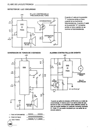 EL ABC DE LA ELECTRONICA

DETECTOR              DE LUZ I OSCURIDAD


                            +9V            R1 ~ C2 CONTROLAN LA
                                           FR CUENCIA DEL TONO
                                                                                                          Cuando s 1 esta en la posición
                              8                                                                           "1". la bocina emite un tono
                                                                                       L
                                                       (OTORESISTENCIA                                    cuando la luz ilumina la
                                                                                                          fotorresistencia. Cuando s1 está
                  7          555                                          S1 A         o                  en la posición "d", la bocina
                              O        4                                                                  emite un tono cuando no se
                                                                                                          ilumina la fotorresistencia.
                            7555
                                       3


                                                                    INTERRUPTOR
                                                                        2P2T

                                                                                     L

                                                                                      o



GENERADOR                  DE TONOS DE 3 ESTADOS                          ALARMA           CONTRA FALLA DE EVENTO
                                   +9V                                                               +9V


                                                         A4
         Al                                              51<                                R2
       2.21<                                                                                1M
                                                                                                           555                      +
                                                                                Al
                              556          13                                 ll.7K              8
                                                                                                            O
                                           10
        R2                                                                                       7
                                                                                                          7555        3
      1001<
                                           5              2                                      2                            ZUMBADOR
                                                                    AS
                                                        0                                                                       PIEZO
                       2                                            51<
                                                . S1
                                                                                  Q1
                      _ 8
                                                                               2N3906
                                                                                                 +                            ~
       Cl     +                                                                                      el
     3.3pF
                                           8

                                           12                                                                    C1: 2.2 TO 47 pF
                                           9                                      S1
                                                                +
                                                           C2
                                   7                     .1pF



                       +9V                                                  Cuando se aplica la energfa. el 555 entra a un c::icIo
                                                                                                                                 de
     ":"

                  C2
                  ll1F
                       1                                                   aonometraje. A menos que 81 se áerre antes de que
                                                                           termine el ck:Io. el zumbadaor plazo eI6ctrk:o suena. El
                                                                           ciclo se puede resetear en aJaIquler momento cerTalldo
                                                                           81. Nota: 81 se puede rempIazar por una 88ftaI de un
                                                                           circuito externo.


    1.- TONO INTERRUMPIDO
    2.- TONO ESTABLE
    13.- DOS TONOS




~
 
