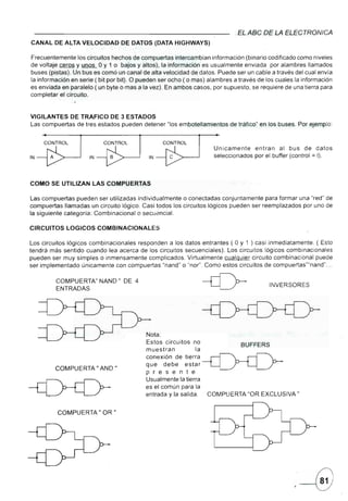 EL ABCDE      LA ELE.CTRONICA
CANAL DE ALTA VELOCIDAD           DE DATOS (DATA HIGHWAYS)

Frecuentemente los circuitos hechos de compuertas intercambian información (binario codificado como niveles
de voltaje ceros y unos O y 1 o bajos y altos), la información es usualmente enviada por alambres llamados
buses (pistas). Un bus es cornoun canal de alta velocidad de datos. Puede ser un cable a través del cual envía
la información en serie (bit por bit). O pueden ser ocho (o mas) alambres a través de los cuales la información
es enviada en paralelo ( un byte o mas a la vez). En ambos casos, por supuesto, se requiere de una tierra para
completar el circuito.



VIGILANTES DE TRAFICO DE 3 ESTADOS
Las compuertas de tres estados pueden detener "los embotellamientos      de tráfico" en los buses. Por ejemplo:


     CONTROL               CONTROL              CONTROL
                                                                   Unicamente      entran    al bus de datos
IN                   IN      B             IN                      seleccionados                       =
                                                                                   por el buffer (control 1).




COMO SE UTILIZAN LAS COMPUERTAS

Las compuertas pueden ser utilizadas individualmente o conectadas conjuntamente para formar una "red" de
compuertas llamadas un circuito lógico. Casi todos los circuitos lógicos pueden ser reemplazados por uno de
la siguiente categoría: Combinacional o secuencial.

CIRCUITOS    LOGICOS COMBINACIONALES

Los circuitos lógicos combinacionales responden a los datos entrantes ( O Y 1 ) casi inmediatamente. ( Esto
tendrá más sentido cuando lea acerca de los circuitos secuenciales). Los circuitos lógicos combinacionales
pueden ser muy simples o inmensamente complicados. Virtualmente cualquier circuito combinacional puede
ser implementado únicamente con compuertas "nand" o "nor". Como estos circuitos de compuertas" ..nand" ....

         COMPUERTA"       NANO"   DE 4
                                                                                        INVERSORES
         ENTRADAS




                                          Nota:
                                          Estos circuitos no
                                                                             BUFFERS
                                          muestran           la
                                          conexión de tierra
                                          que debe       estar
         COMPUERTA"       ANO"
                                          presente
                                          Usualmente la tierra
                                          es el común para la
                                          entrada y la salida.    COMPUERTA "OR EXCLUSIVA"


         COMPUERTA"       OR "
 