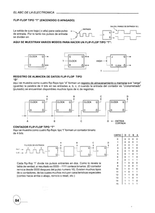 EL ABC DE LA ELECTRONICA

FLlP-FLOP TIPO "T" (ENCENDIDO                         O APAGADO)

                                                                                                                        SALIDA ( RANGO DE ENTRADA lfl)

La salida de q es baja ( o alta) para cada pulso
de entrada. Por lo tanto los pulsos de entrada
se dividen en
                                                                    H~I
                                                                       JlSUL
                                                                    L.-/
                                                                              ~ENTRADA


                                                                                                           il           a
                                                                                                                        a
                                                                                                                             ~.


                                                                                                                                  ~
                                                                                                                                  -,      r-l
                                                                                                                                      L--.J               L--.J
                                                                                                                                                               r-

AQUI SE MUESTRAN                VARIOS MODOS PARA HACER UN FLlP-FLOP TIPO "T":




                     CLOCK         Q                            S                                                        J                Q

                                                            T   CLOCK                              HIGH
                    o                                           R                                                        K        CLOCK   a
                                                                                                           T----~

REGISTRO            DE ALMACEN          DE DATOS FLlP-FLOP                TIPO
"O"
aquí se muestra como cuatro flip-flops tipo "d" forman un registro de almacenamiento o memoria' que "carga"
(guarda) la palabra de 4 bits en las entradas a, b, e, d cuando la entrada del contador es "cronometrado"
(pulsado).se encuentran disponibles muchos tipos de ic de registros.


                                        A                             B                                    C                                      o
            -        CLOCK         Q        r-        CLOCK     Q             -        CLOCK       Q           r-       CLOCK             Q




                iD
                                   a   1-
                                                 iD
                                                                a   1-
                                                                                  iD
                                                                                                   a   1-               o                 a-
                I                                I                                I
                A                                B                            C                                     o   -ENTROA
                                                                                                                            CORTADA
CONTADOR FLlP-FLOP TIPO "T"
Aqui se muestra como cuatro flip-flops tipo "t" forman un contador binario
de 4 bits:
                                                                                                                             CONTEO           o       e B A
                                                                                                                                      o       o       o o o


                                       1 :01 0+ :01 t   A                 B                    C                    D                 1       o       o o 1
            PULSOS      DE ENTRADA                                                                                                    2       o       o 1 o
                                                                                                                                      3       o       o 1 o
  H.'   -
  L=O ___   ~
                2        ,     o                                                                                                      4       o       1 o o
                                            T                                                          T
                                                                                                                                      5       o       1 o 1
                                                                                                                                      6       o       1 1 o
                                                                                                                                      7       o       1    1   1
   Cada flip-flop "t" divide los pulsos entrantes en dos. Como lo revela la                                                           8       1       o o o
   tabla de verdad, el resultado es 0000-1111 conteos binarios. (El contador                                                          9       1       o o 1
   reinicia desde 0000 des pues del pulso numero 16). Existen muchos tipos                                                        10          1       o 1 o
   de ic contadores, de los cuales muchos incluyen caracteristicas especiales                                                     11          1       o 1 1
                                                                                                                                  12          1       1 o o
   (conteo hacia arriba o abajo, reinicio o reset, etc.)
                                                                                                                                  13          1       1 o 1
                                                                                                                                  14          1       1 1 o
                                                                                                                                  15          1       1    1   1
 