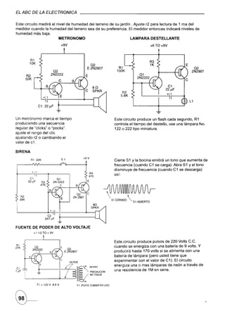 EL ABC DE LA ELECTRONICA

Este circuito medirá el nivel de humedad del terreno de su jardín. Ajuste r2 para lectura de 1 ma del
medidor cuando la humedad del terreno sea de su preferencia. El medidor entonces indicará niveles de
humedad más baja.
                         METRONOMO                                LAMPARA DESTELLANTE
                                        +9V                                                            +6TO+9V



          R1
          10K
                                                              02
                                                          E 2N2907            R1                                           02
                                   02                                        100K                                      2N2907
         R2                    2N2222                                                         01
        50K                                                                                 2N2222
                                        e
                                                              80
                                                              SPKR              R2
                                                                               5.6K
                                                                                                                      L1




Un metrónomo marca el tiempo                                               Este circuito produce un flash cada segundo, R 1
produciendo una secuencia                                                  controla el tiempo del destello, use una lámpara No.
regular de "clicks" o "pocks".                                             122 o 222 tipo miniatura.
ajuste el rango del clic
ajustando r2 o cambiando el
valor de c1.

SIRENA

                                            S1          +9V
           Rl 22K                                                          Cierre S 1 Y la bocina emitirá un tono que aumenta de
.-            ~~------~-L~----~                                            frecuencia (cuando C1 se carga). Abra S1 y el tono
                                                                           disminuye de frecuencia (cuando C1 se descarga)
              +
                                                                           así:
          Cl
         22/lF         R3
                      47K



   R2                                                                ~
  39K                                                                    si CERRADO      Sl ABIERTO


                               +
                           C2
                        .047/lF


FUENTE DE PODER DE ALTO VOLTAJE
                  +11/2TO+9V


                                                                           Este circuito produce pulsos de 220 Volts C.C.
                                                                           cuando se energiza con una batería de 9 volts. Y
                                                 Q2
                                             E 2N2907                      producirá hasta 170 volts si se alimenta con una
                                                                           batería de lámpara (pero usted tiene que
                                                                           experimentar con el valor de C1). El circuito
                                                                           energiza una o mas lámparas de neón a través de
                                                                           una resistencia de 1M en serie.



                   Tl = 120 V A6 V
 