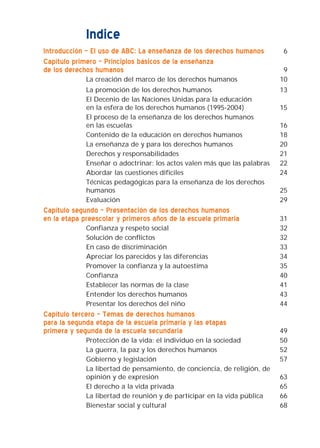 Indice
Introducción – El uso de ABC: La enseñanza de los derechos humanos 6
Capítulo primero – Principios básicos de la enseñanza
de los derechos humanos 9
La creación del marco de los derechos humanos 10
La promoción de los derechos humanos 13
El Decenio de las Naciones Unidas para la educación
en la esfera de los derechos humanos (1995-2004) 15
El proceso de la enseñanza de los derechos humanos
en las escuelas 16
Contenido de la educación en derechos humanos 18
La enseñanza de y para los derechos humanos 20
Derechos y responsabilidades 21
Enseñar o adoctrinar: los actos valen más que las palabras 22
Abordar las cuestiones difíciles 24
Técnicas pedagógicas para la enseñanza de los derechos
humanos 25
Evaluación 29
Capítulo segundo – Presentación de los derechos humanos
en la etapa preescolar y primeros años de la escuela primaria 31
Confianza y respeto social 32
Solución de conflictos 32
En caso de discriminación 33
Apreciar los parecidos y las diferencias 34
Promover la confianza y la autoestima 35
Confianza 40
Establecer las normas de la clase 41
Entender los derechos humanos 43
Presentar los derechos del niño 44
Capítulo tercero – Temas de derechos humanos
para la segunda etapa de la escuela primaria y las etapas
primera y segunda de la escuela secundaria 49
Protección de la vida: el individuo en la sociedad 50
La guerra, la paz y los derechos humanos 52
Gobierno y legislación 57
La libertad de pensamiento, de conciencia, de religión, de
opinión y de expresión 63
El derecho a la vida privada 65
La libertad de reunión y de participar en la vida pública 66
Bienestar social y cultural 68
 