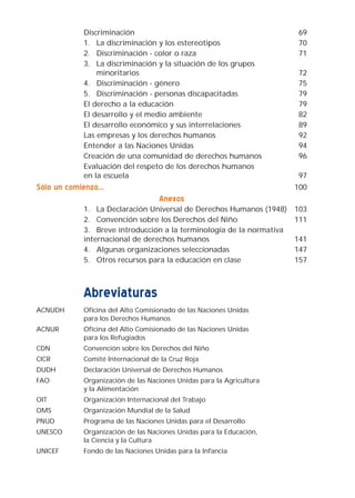Discriminación 69
1. La discriminación y los estereotipos 70
2. Discriminación - color o raza 71
3. La discriminación y la situación de los grupos
minoritarios 72
4. Discriminación - género 75
5. Discriminación - personas discapacitadas 79
El derecho a la educación 79
El desarrollo y el medio ambiente 82
El desarrollo económico y sus interrelaciones 89
Las empresas y los derechos humanos 92
Entender a las Naciones Unidas 94
Creación de una comunidad de derechos humanos 96
Evaluación del respeto de los derechos humanos
en la escuela 97
Sólo un comienzo... 100
Anexos
1. La Declaración Universal de Derechos Humanos (1948) 103
2. Convención sobre los Derechos del Niño 111
3. Breve introducción a la terminología de la normativa
internacional de derechos humanos 141
4. Algunas organizaciones seleccionadas 147
5. Otros recursos para la educación en clase 157
Abreviaturas AAbbbbrreevviiaattiioonnss
ACNUDH Oficina del Alto Comisionado de las Naciones Unidas
para los Derechos Humanos
ACNUR Oficina del Alto Comisionado de las Naciones Unidas
para los Refugiados
CDN Convención sobre los Derechos del Niño
CICR Comité Internacional de la Cruz Roja
DUDH Declaración Universal de Derechos Humanos
FAO Organización de las Naciones Unidas para la Agricultura
y la Alimentación
OIT Organización Internacional del Trabajo
OMS Organización Mundial de la Salud
PNUD Programa de las Naciones Unidas para el Desarrollo
UNESCO Organización de las Naciones Unidas para la Educación,
la Ciencia y la Cultura
UNICEF Fondo de las Naciones Unidas para la Infancia
 