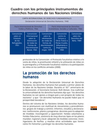protocolos de la Convención: el Protocolo Facultativo relativo a la
venta de niños, la prostitución infantil y la utilización de niños en
la pornografía y el Protocolo Facultativo relativo a la participación
de niños en los conflictos armados (2000).
La promoción de los derechos
humanos
Desde la adopción de la Declaración Universal de Derechos
Humanos, los derechos humanos han pasado a primer plano de
la labor de las Naciones Unidas. Durante el 50.º aniversario de
la Declaración, el Secretario General, Kofi Annan, tras reafirmar
la universalidad de los derechos humanos dijo que “los derechos
humanos no son ajenos a ningún país y son propios de todas las
naciones” y que “sin derechos humanos no puede haber paz ni
prosperidad duraderas”.
Dentro del sistema de las Naciones Unidas, los derechos huma-
nos se promueven con multitud de mecanismos y procedimien-
tos; grupos de trabajo y comités; informes, estudios y declaracio-
nes; conferencias, planes y programas; decenios para la adopción
de medidas; investigación y capacitación; fondos voluntarios y
fondos fiduciarios; asistencia de muy diversos tipos en los planos
mundial, regional y local; adopción de medidas concretas; inves-
tigaciones de hechos; y muchas otras actividades que tienen
como fin fomentar y proteger los derechos humanos.
cap. 1
13
CARTA INTERNACIONAL DE DERECHOS FUNDAMENTALES
Declaración Universal de Derechos Humanos, 1948
Pacto Internacional de Derechos
Civiles y Políticos, 1966
Convención
sobre el
Estatuto
de los
Refugiados,
1951
Convención
Internacional
sobre la
Eliminación
de todas las
Formas de
Discriminación
Racial, 1965
Convención
sobre la
eliminación
de todas las
formas de
discriminación
contra la
mujer, 1979
Convención
contra la
Tortura y
Otros Tratos o
Penas Crueles,
Inhumanos o
Degradantes,
1984
Convención
sobre los
Derechos del
Niño, 1989
Pacto Internacional de Derechos
Económicos, Sociales y Culturales, 1966
Cuadro con los principales instrumentos de
derechos humanos de las Naciones Unidas
 