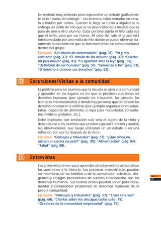 Un método muy animado para representar un debate gráficamen-
te es la “trama del diálogo”. Los alumnos están sentados en círcu-
lo y hablan por turnos. Cuando le llega su turno a alguien se le
entrega un ovillo de hilo que se va desenrollando a medida que se
pasa de uno a otro alumno. Cada persona sujeta el hilo cada vez
que el ovillo pasa por sus manos. Al cabo del rato el grupo está
interconectado por una malla de hilo donde se puede observar cla-
ramente la dirección en que se han mantenido las comunicaciones
dentro del grupo.
Ejemplos: “Un círculo de conversación” (pág. 35); “Yo y mis
sentidos” (pág. 37); “El círculo de los deseos” (pág. 37); “Diseñar
un país nuevo” (pág. 43); “La igualdad ante la ley” (pág. 59);
“Definición de ser humano” (pág. 50); “Comienzo y fin” (pág. 51);
“El derecho a conocer sus derechos” (pág. 82).
e) Excursiones/Visitas a la comunidad
Es positivo para los alumnos que la escuela se abra a la comunidad
y aprender en los lugares en los que se plantean cuestiones de
derechos humanos (por ejemplo los tribunales, las cárceles, las
fronteras internacionales) o donde hay personas que defienden los
derechos o socorren a víctimas (por ejemplo organizaciones volun-
tarias, depósitos de alimentos o ropa para necesitados, consulto-
rios médicos gratuitos, etc.).
Debe explicarse con antelación cuál será el objeto de la visita y
debe decirse a los alumnos que presten especial atención y anoten
sus observaciones, que luego utilizarán en un debate o en una
reflexión por escrito después de la visita.
Ejemplos: “Consejos y tribunales” (pág. 57); “¿Qué niños no
asisten a nuestra escuela?” (pág. 80); “Alimentación” (pág. 84);
“Salud” (pág. 88).
f) Entrevistas
Las entrevistas sirven para aprender directamente y personalizar
las cuestiones y la historia. Las personas entrevistadas pueden
ser miembros de las familias o de la comunidad, activistas, diri-
gentes y testigos presenciales de sucesos relacionados con los
derechos humanos. Sus relatos orales pueden servir para docu-
mentar y comprender problemas de derechos humanos de la
propia comunidad.
Ejemplos: “Consejos y tribunales” (pág. 57); “Érase una vez”
(pág. 68); “Charlas sobre los discapacitados (pág. 79);
“Oradores de la comunidad empresarial” (pág. 93).
cap. 1
27
 