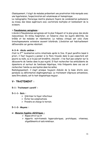 Classiquement, il s’agit de malades présentant une prostration très marquée avec
une hypotension, l’expectoration est volumineuse et hemoptoique.
La radiographie thoracique montre plusieurs foyers de condensation pulmonaire
au niveau des lobes supérieurs avec cavitations multiples et bombement de la
scissure.

 Pseudomonas aeruginosa :
L’abcès à Pseudomonas aeruginosa est le plus fréquent et le plus grave des abcès
nosocomiaux. En milieu hospitalier, on l’observe chez les sujets débilités, les
brûlés et les malades en réanimation. Le tableau clinique est celui d’une
bronchopneumonie extensive souvent bilatérale. L’évolution est habituellement
défavorable car germe résistant.


4-3-4- Abcès amibien :
C’est la 2ème localisation extra intestinale après le foie. Il peut paraître banal à
priori, il faut toujours y penser si la flore trouvée dans le pus expectoré est
pauvre ou nulle, ou si le pus est brunâtre, chocolat ; il ne faut pas compter sur la
découverte de l’amibe dans le pus rejeté. Il faut rechercher les antécédents de
dysenterie et surtout de l’amibiase hépatique, très fréquente dans ces cas et
rechercher l’amibe ou ses kystes dans les selles.
Radiologiquement, il s’agit presque toujours d’abcès de la base droite avec
paralysie ou déformation diaphragmatique. Le traitement d’épreuve antiamibien,
sans être absolu, est le test diagnostique majeur.

V- TRAITEMENT :

5-1- Traitement curatif :

5-1-1- Buts :
         Stériliser le foyer infectieux
         Éviter les complications.
         Prendre en charge le terrain.

5-1-2- Moyens :

a- Mesures hygiéno-diététiques :
          Repos strict au lit
          Apports nutritionnels hypercaloriques, protidiques, vitamines,
            oligoéléments et sels minéraux.




                                                                                 16
 