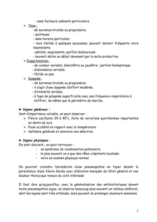 - sans facteurs calmants particuliers.
    Toux :
         -de survenue brutale ou progressive.
         - quinteuse.
         - sans horaire particulier.
         - rare limitée à quelques secousses, pouvant devenir fréquente voire
         insomniante.
         - pénible, angoissante, parfois douloureuse.
         - souvent sèche au début devenant par la suite productive.
    Expectoration :
        - de couleur variable, blanchâtre ou jaunâtre ; parfois hemoptoique.
        - d’abondance variable.
        - fétide ou pas.
    Dyspnée :
        - de survenue brutale ou progressive.
        - il s’agit d’une dyspnée d’effort modérée.
        - d’intensité variable.
        - à type de polypnée superficielle avec une fréquence respiratoire à
          chiffrer, de même que le périmètre de marche.

► Signes généraux :
Sont d’importance variable, on peut observer :
    Fièvre oscillante 39 à 40°c, faite de variations quotidiennes importantes
      en dents de scie.
    Pouls accéléré en rapport avec la température.
    Asthénie générale et anorexie non sélective.

► Signes physiques :
Ils sont discrets ; on peut retrouver :
            - un syndrome de condensation pulmonaire.
            - le plus souvent on a que des râles crépitants localisés.
            - voire un examen physique normal.

On pourrait craindre l’abcédation d’une pneumopathie en foyer devant la
persistance d’une fièvre élevée avec altération marquée de l’état général et une
douleur thoracique tenace du coté intéressé.

Il faut dire qu’aujourd’hui, avec la généralisation des antibiotiotiques devant
toute pneumopathie aigue, on observe beaucoup plus souvent un tableau abâtardi,
dont les signes sont très atténués, mais pouvant se prolonger plusieurs semaines.




                                                                                5
 