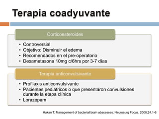 •   Controversial
•   Objetivo: Disminuir el edema
•   Recomendados en el pre-operatorio
•   Dexametasona 10mg c/6hrs por 3-7 días



• Profilaxis anticonvulsivante
• Pacientes pediátricos o que presentaron convulsiones
  durante la etapa clínica
• Lorazepam

            Hakan T. Management of bacterial brain abscesses. Neurosurg Focus. 2008;24.1-6
 