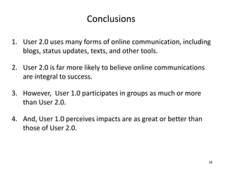 Conclusions

1. User 2.0 uses many forms of online communication, including
   blogs, status updates, texts, and other tools.

2. User 2.0 is far more likely to believe online communications
   are integral to success.

3. However, User 1.0 participates in groups as much or more
   than User 2.0.

4. And, User 1.0 perceives impacts are as great or better than
   those of User 2.0.



                                                                  18
 